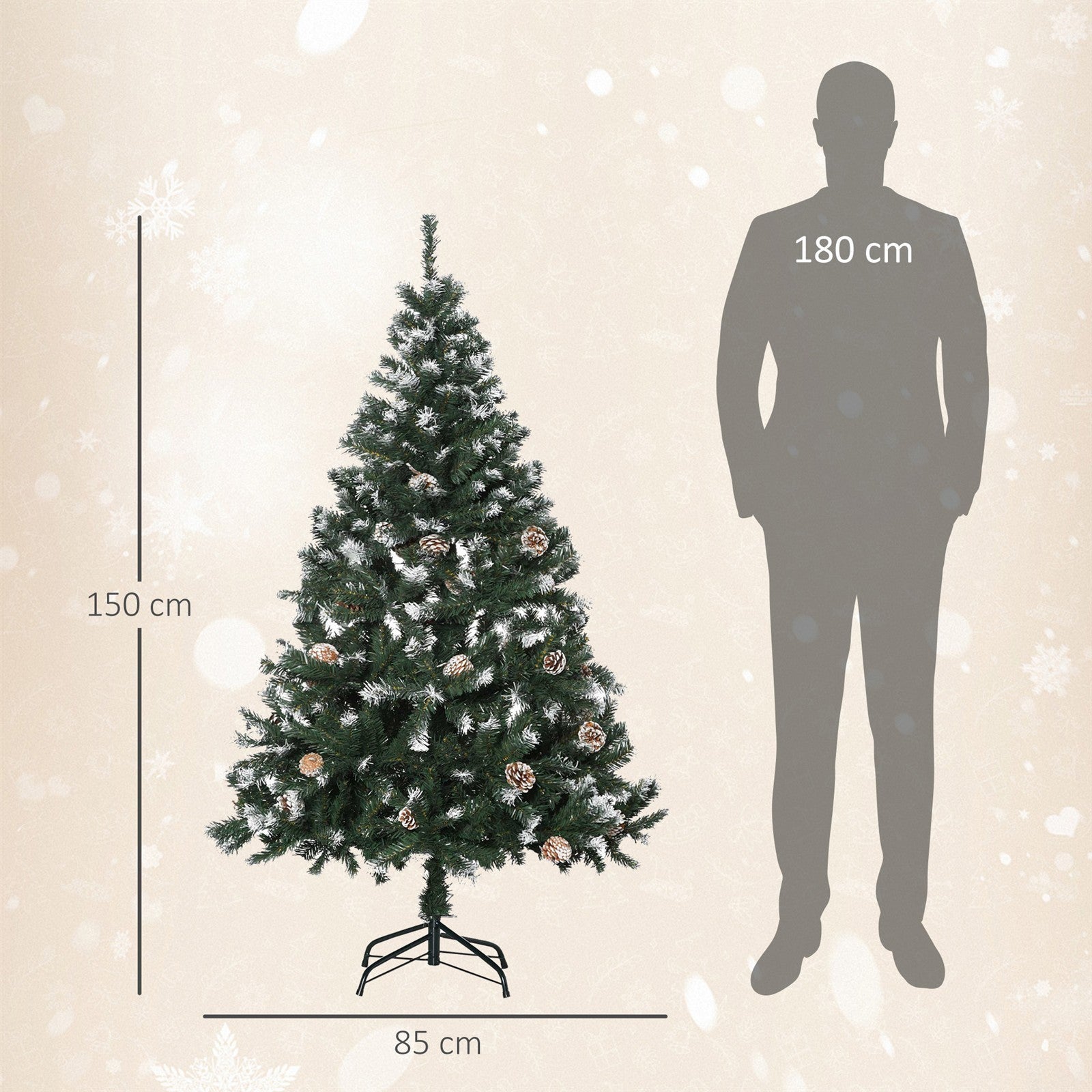 Künstlicher Weihnachtsbaum, 676 Zweige, 41 Zapfen, verschneite Spitzen, feuerfest, 180 cm