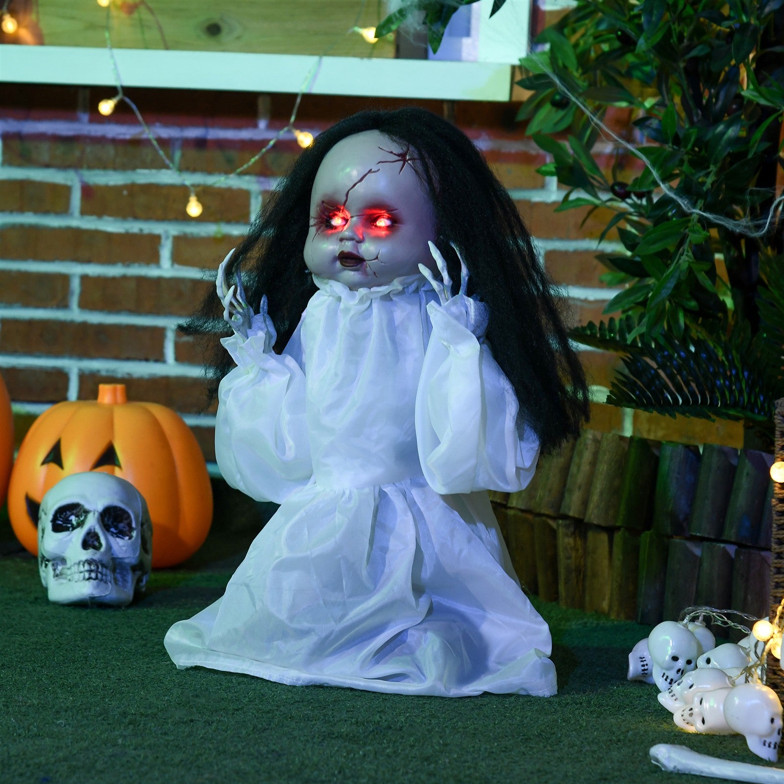 Halloween-Dekoration Horrorpuppe, LED-Augen, heult, springt hoch, Geräusch- & Bewegungssensor, 60 cm