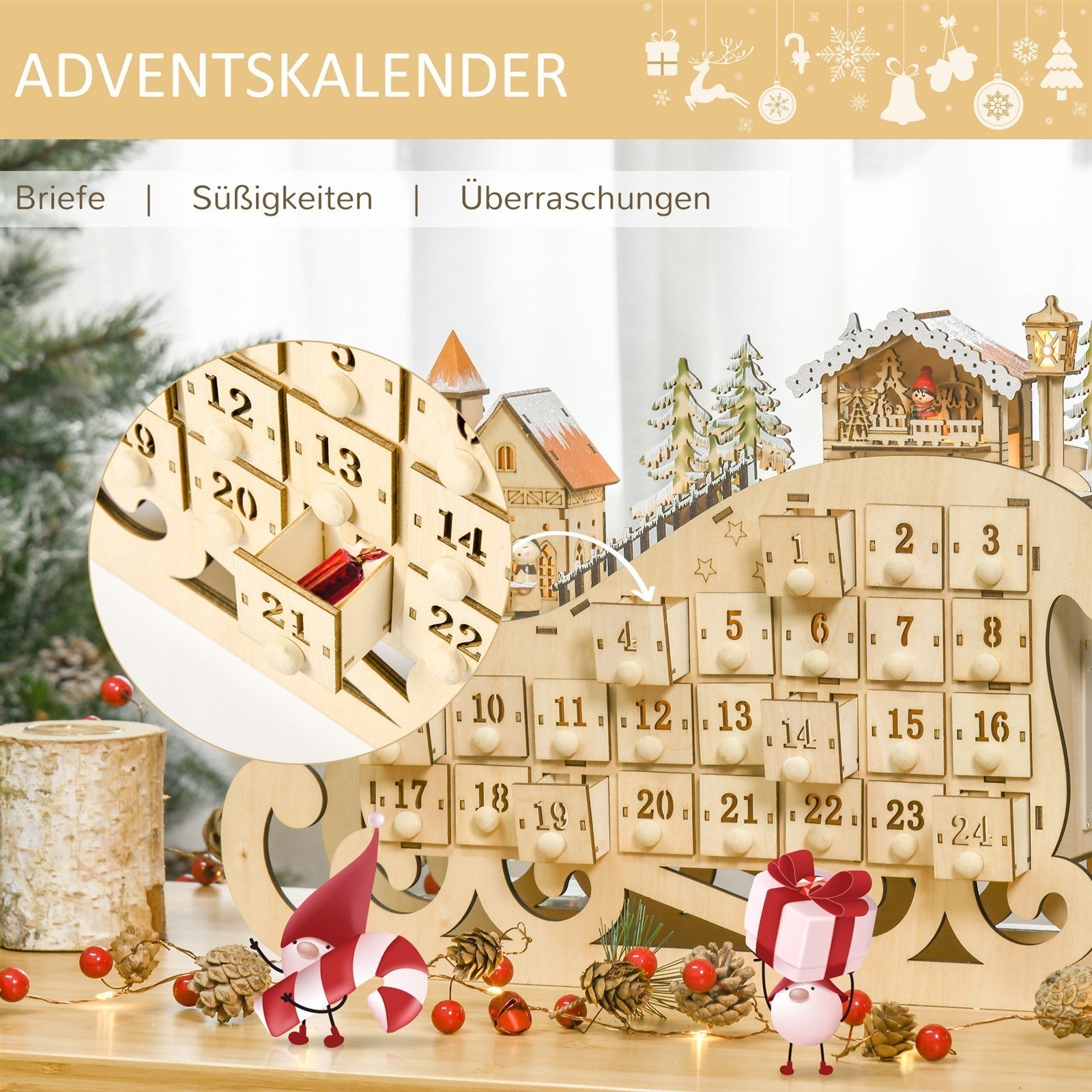 Adventskalender zum Befüllen mit 24 Schubladen LED-Lichtern Schlitten-Form, DIY Weihnachtskalender Weihnachts-Countdown-Kalender Geschenk für Kinder Erwachsene