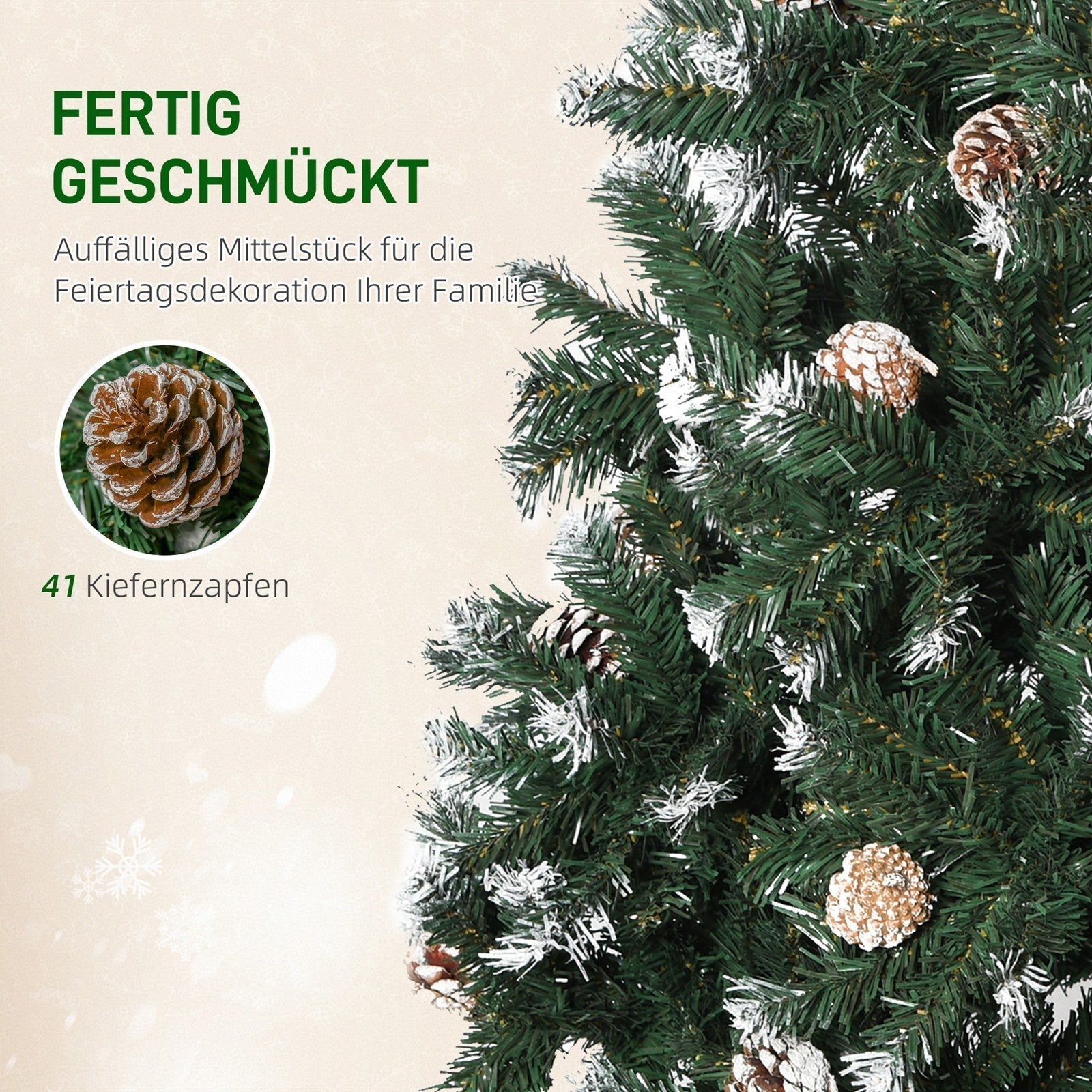 Künstlicher Weihnachtsbaum, 676 Zweige, 41 Zapfen, verschneite Spitzen, feuerfest, 180 cm