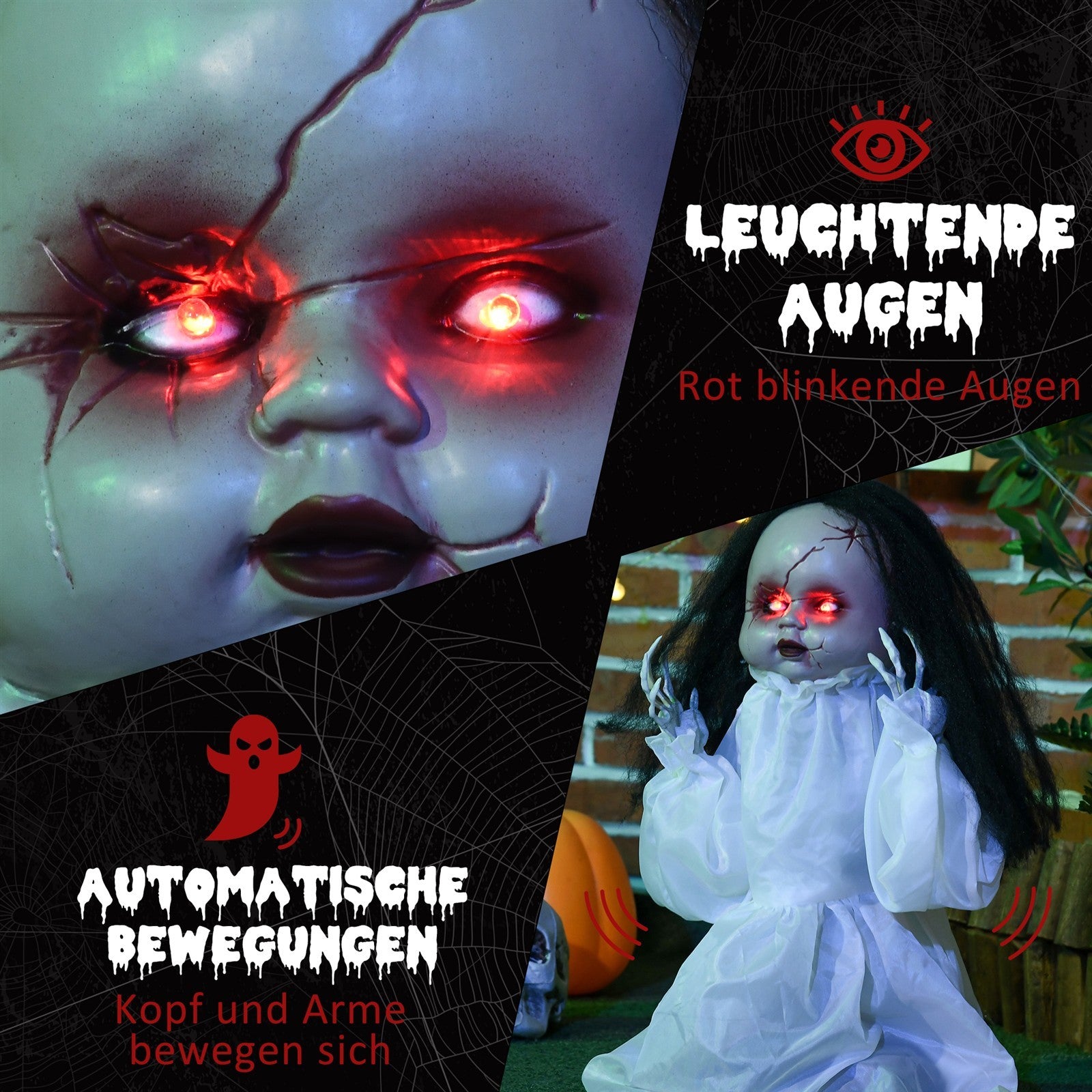 Halloween-Dekoration Horrorpuppe, LED-Augen, heult, springt hoch, Geräusch- & Bewegungssensor, 60 cm