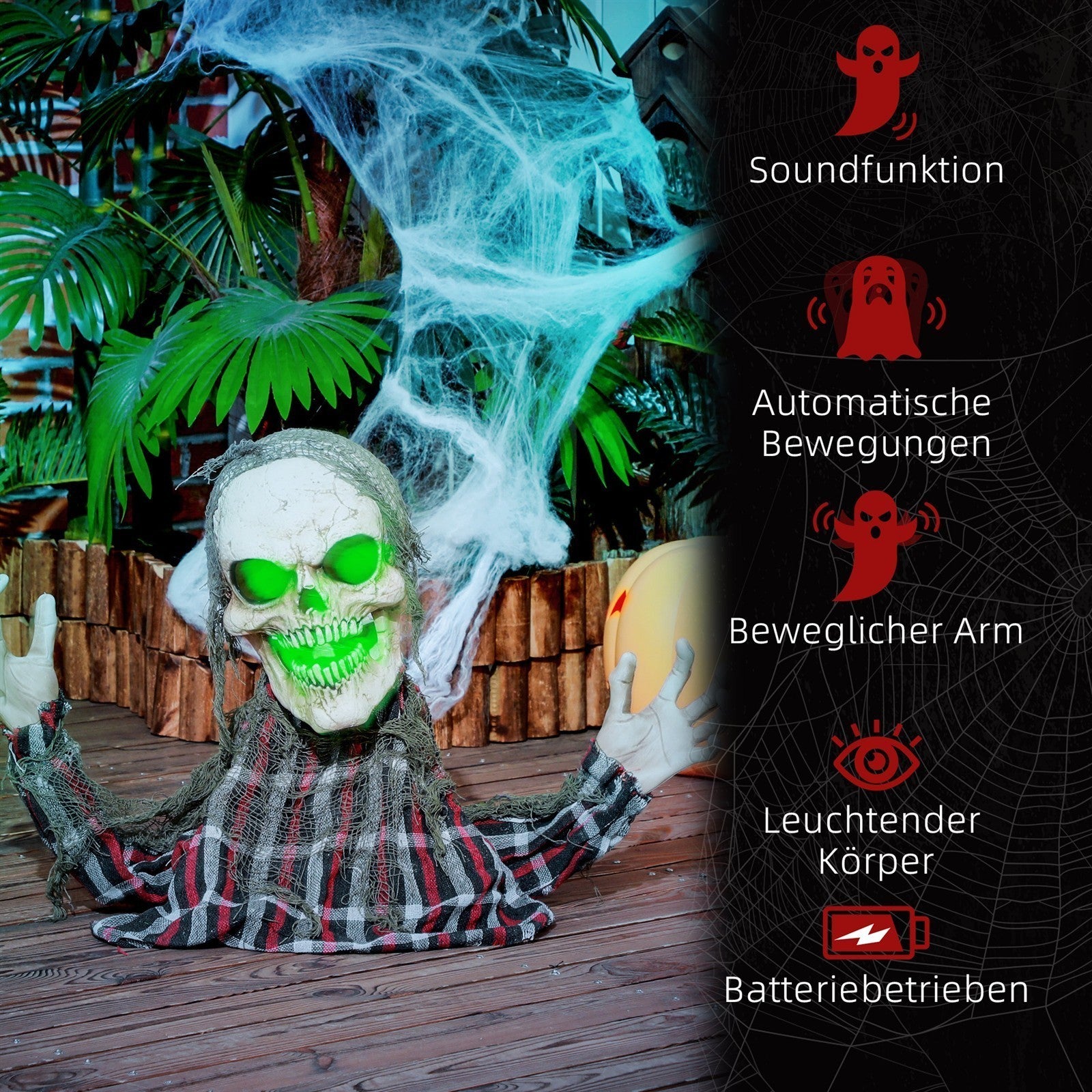 Halloweendekoration Groundbreaker-Skelett, biegsame Arme, leuchtende Augen, unheimliches Heulen