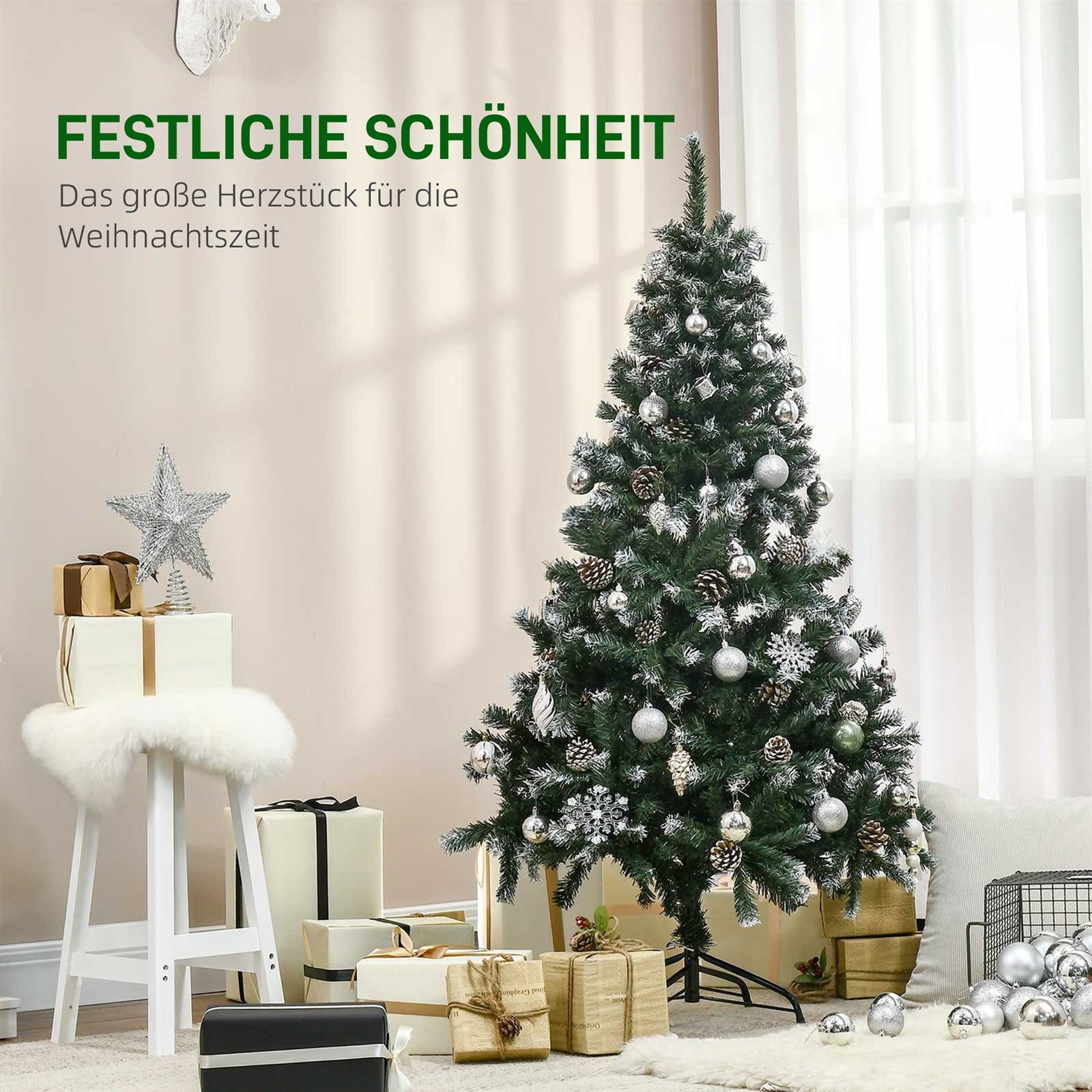 Künstlicher Weihnachtsbaum, 676 Zweige, 41 Zapfen, verschneite Spitzen, feuerfest, 180 cm