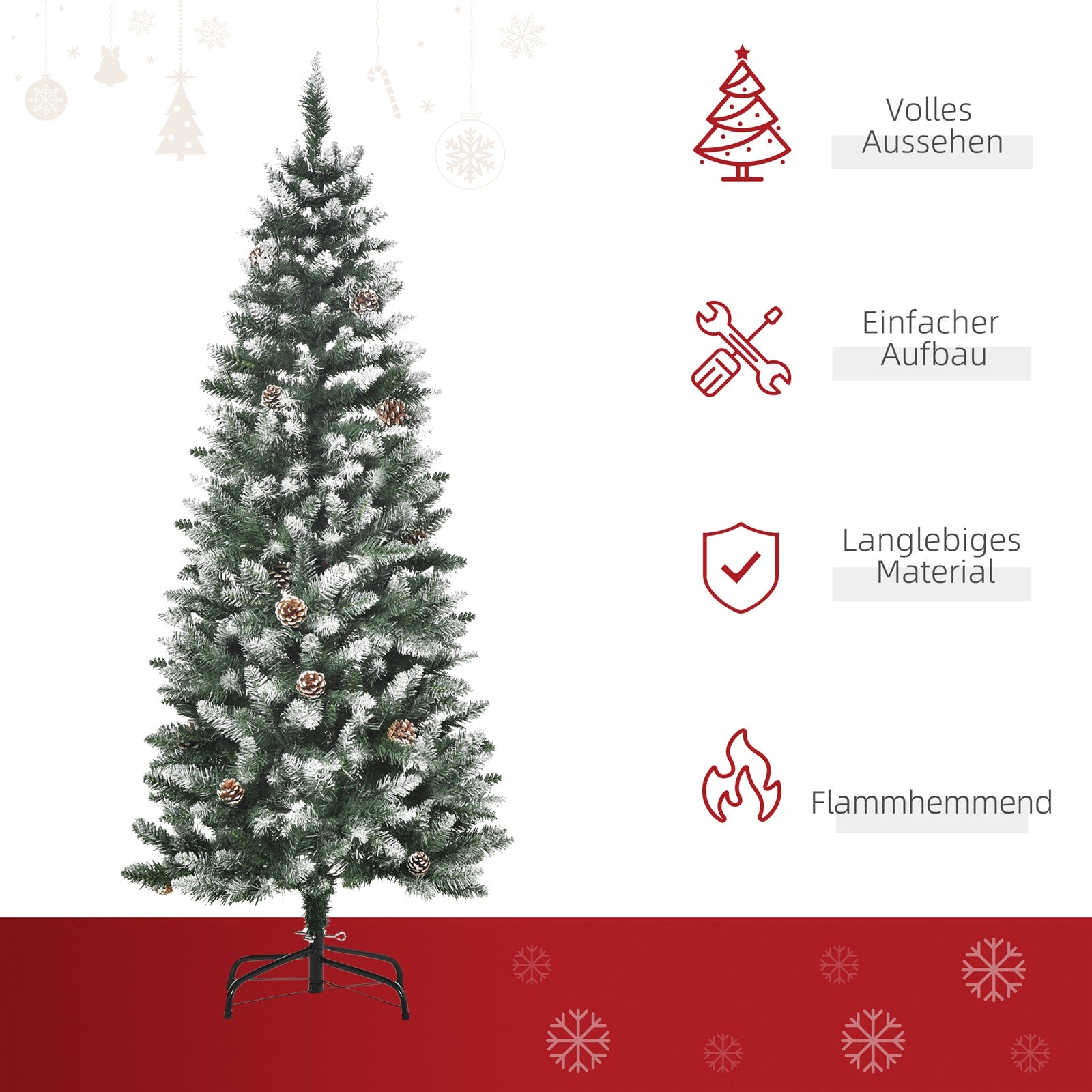 Künstlicher Weihnachtsbaum, 630 Zweige, 37 Zapfen, verschneite Spitzen, feuerfest, 150 cm