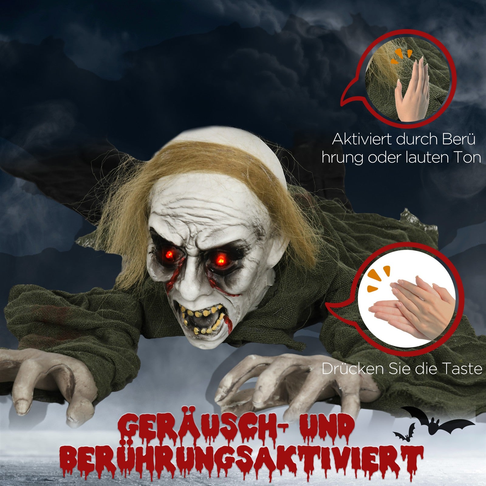 Halloweendekoration, kriechender Zombie, aktiviert durch Berührung/Geräusche, leuchtende Augen