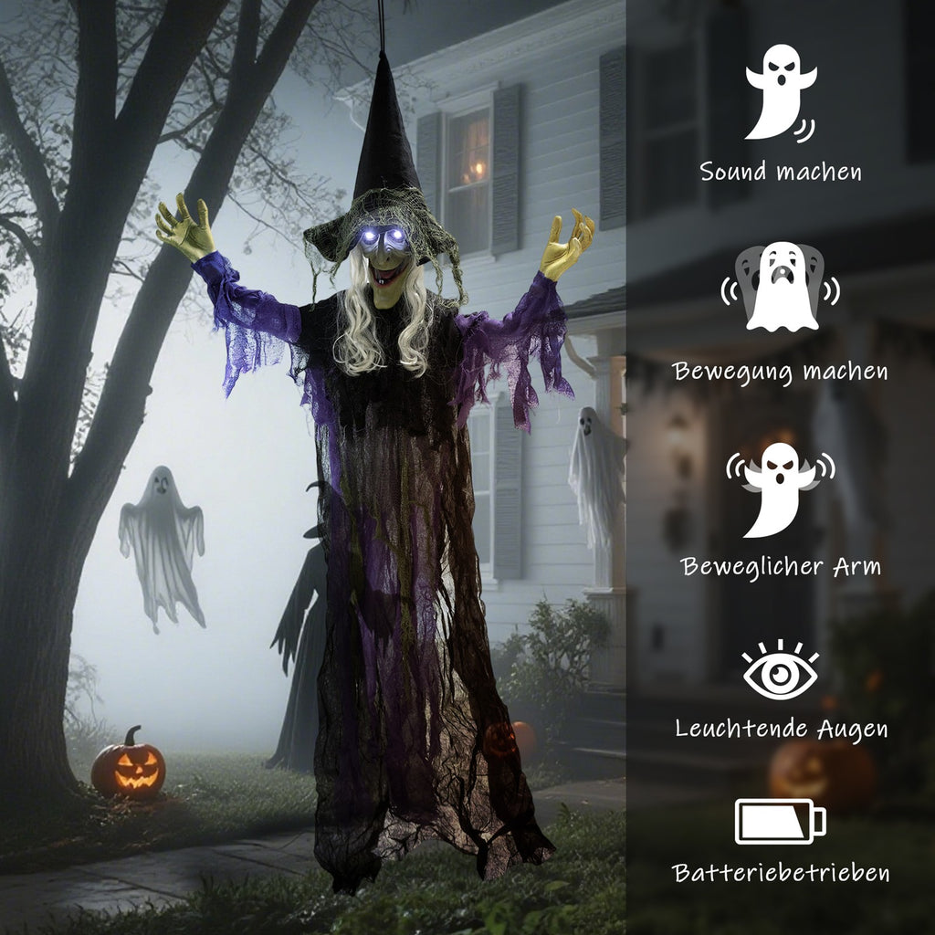 183cm Halloween Dekoration Hängende Halloween Hexe mit LED-Lichter, Soundfunktion verstellbare Arme, Mund
