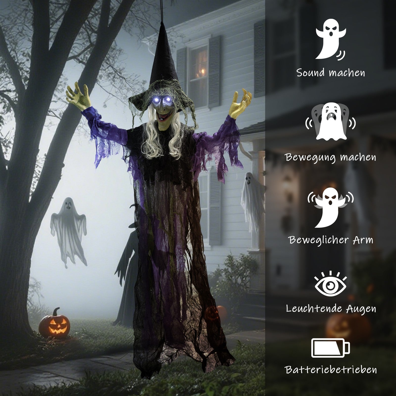 183cm Halloween Dekoration Hängende Halloween Hexe mit LED-Lichter, Soundfunktion verstellbare Arme, Mund