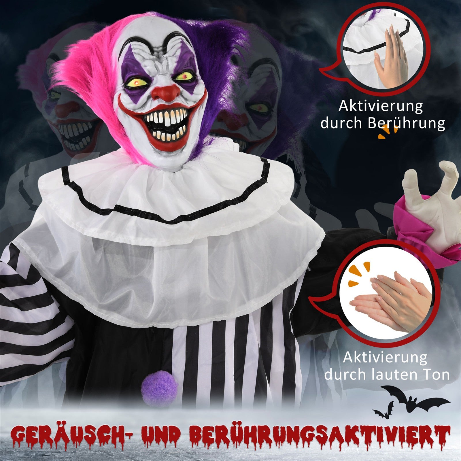 Grusel-Clown Halloween-Dekoration, beweglich, Lach-Funktion, Pink+Lila