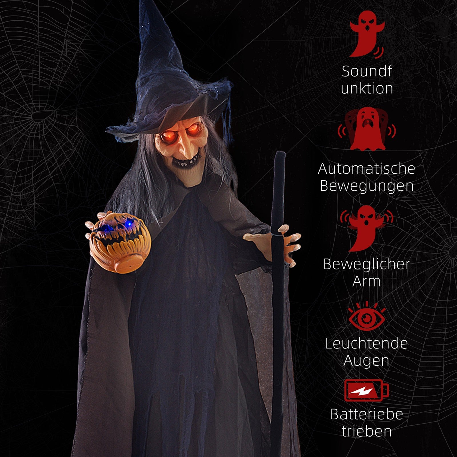 Halloweendekoration Hexe mit Besen, leuchtende Augen, gruselige Geräusche, biegsame Arme, 107x65x190 cm