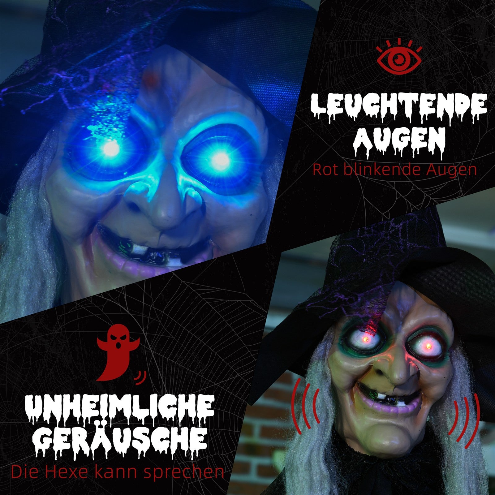 Halloween-Hexe, Halloween-Dekoration, Soundfunktion, mit Bewegungssensor, LED-Lichter, 130 cm x 18 cm x 183 cm