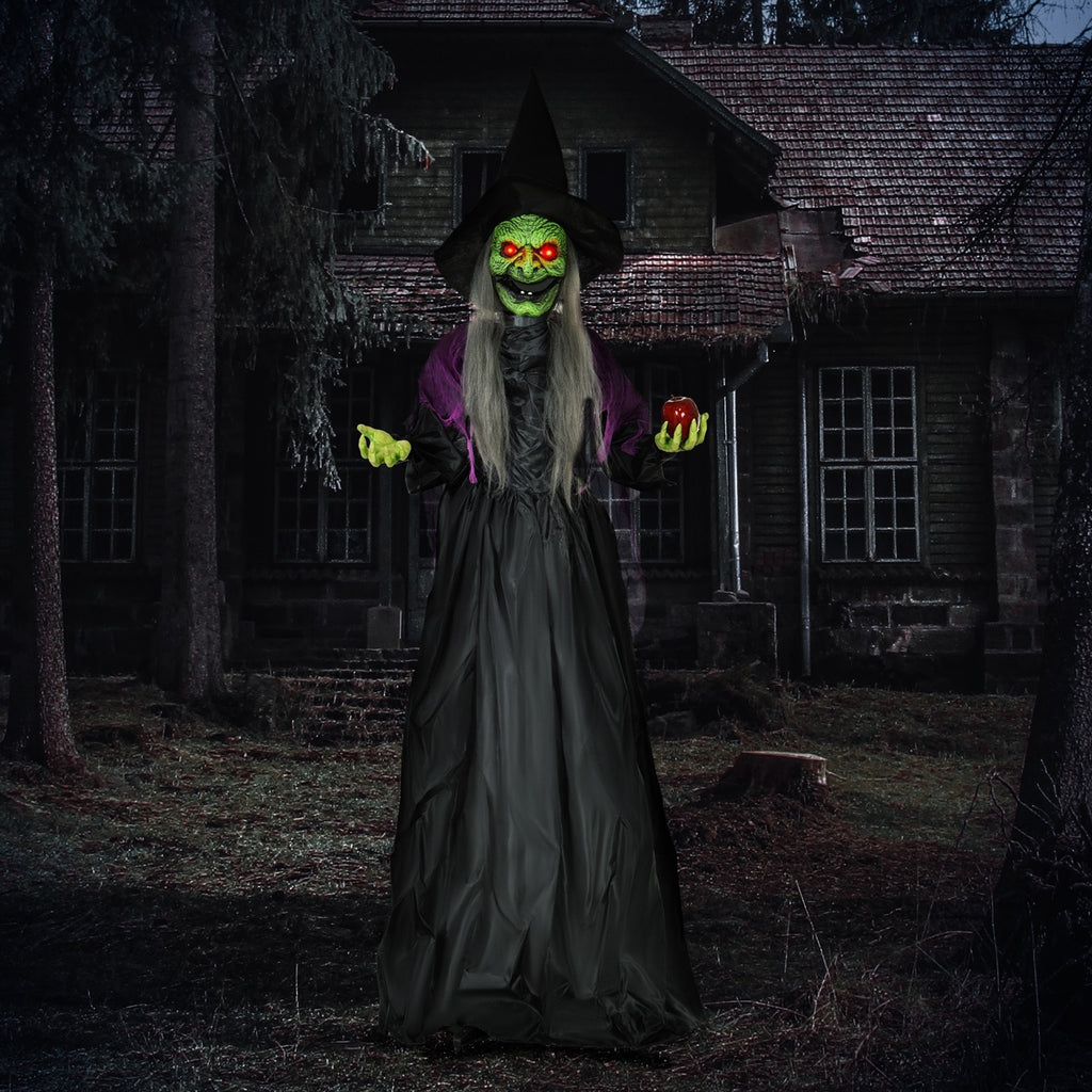 Hexe mit Giftapfel, Helloweendeko, gruselige Laute, rote Augen, bewegliche Arme, 180 cm