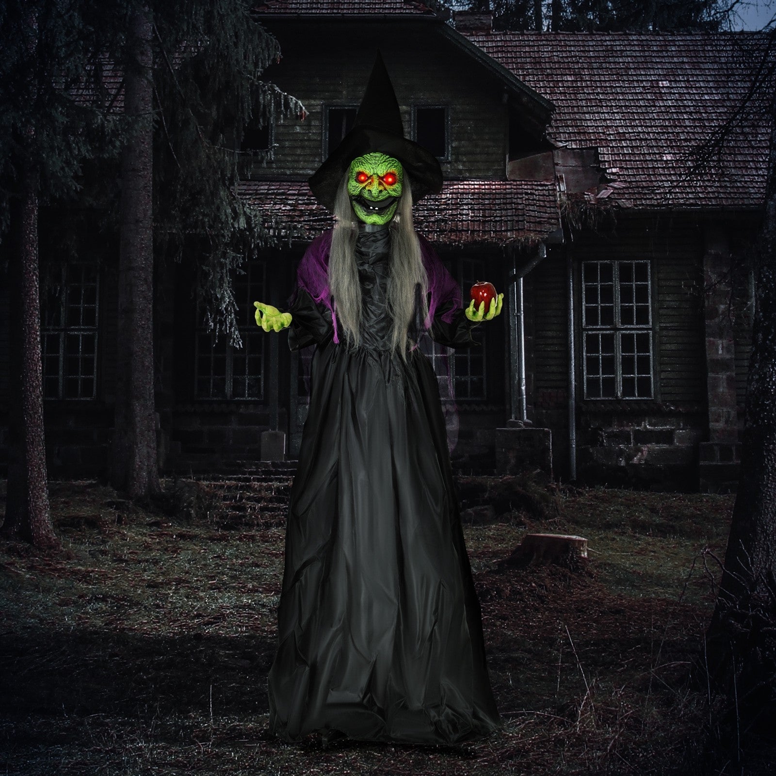 Hexe mit Giftapfel, Helloweendeko, gruselige Laute, rote Augen, bewegliche Arme, 180 cm