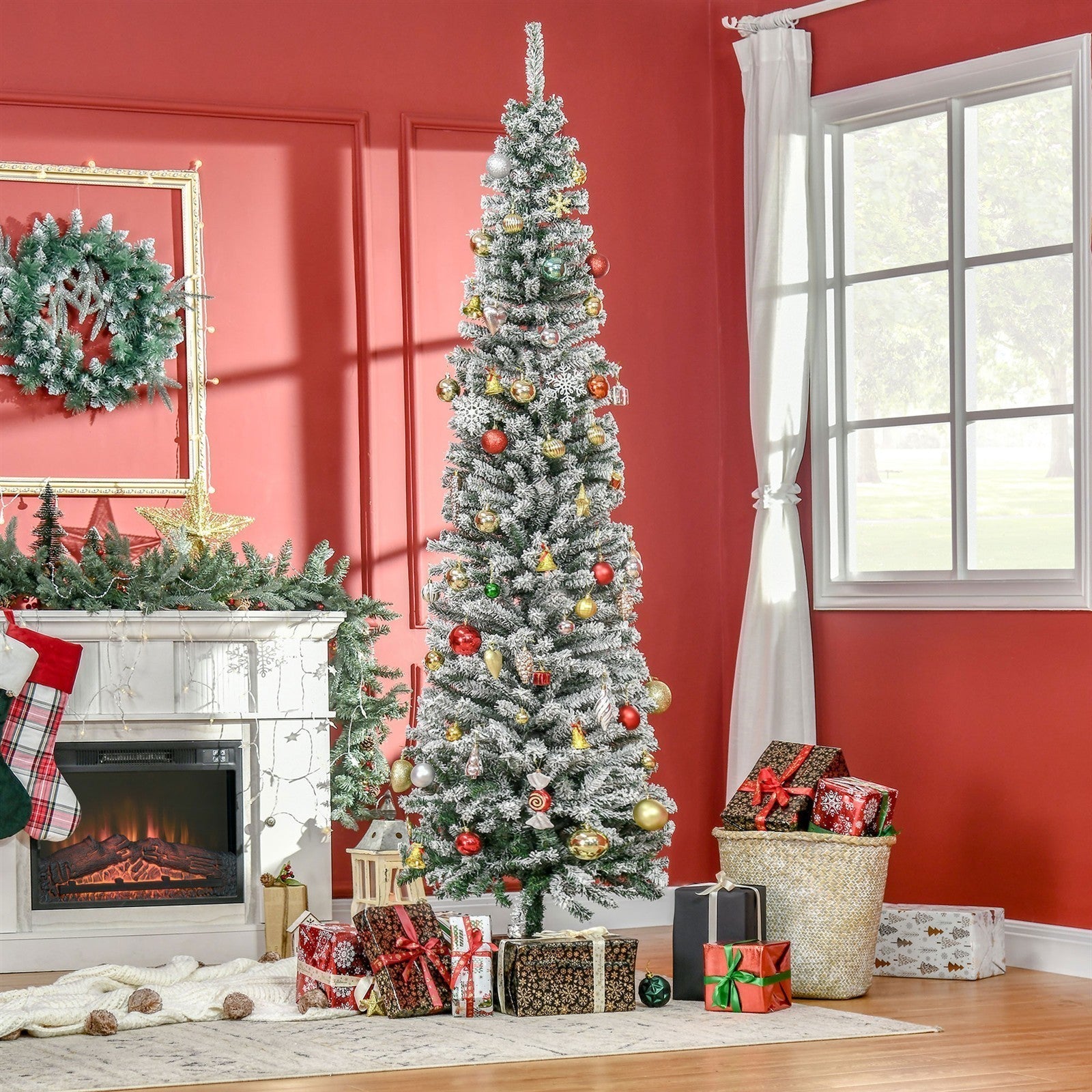 Künstlicher Weihnachtsbaum 225 cm Bleistift Kiefernbaum mit Schnee, 738 Spitzen für drinnen