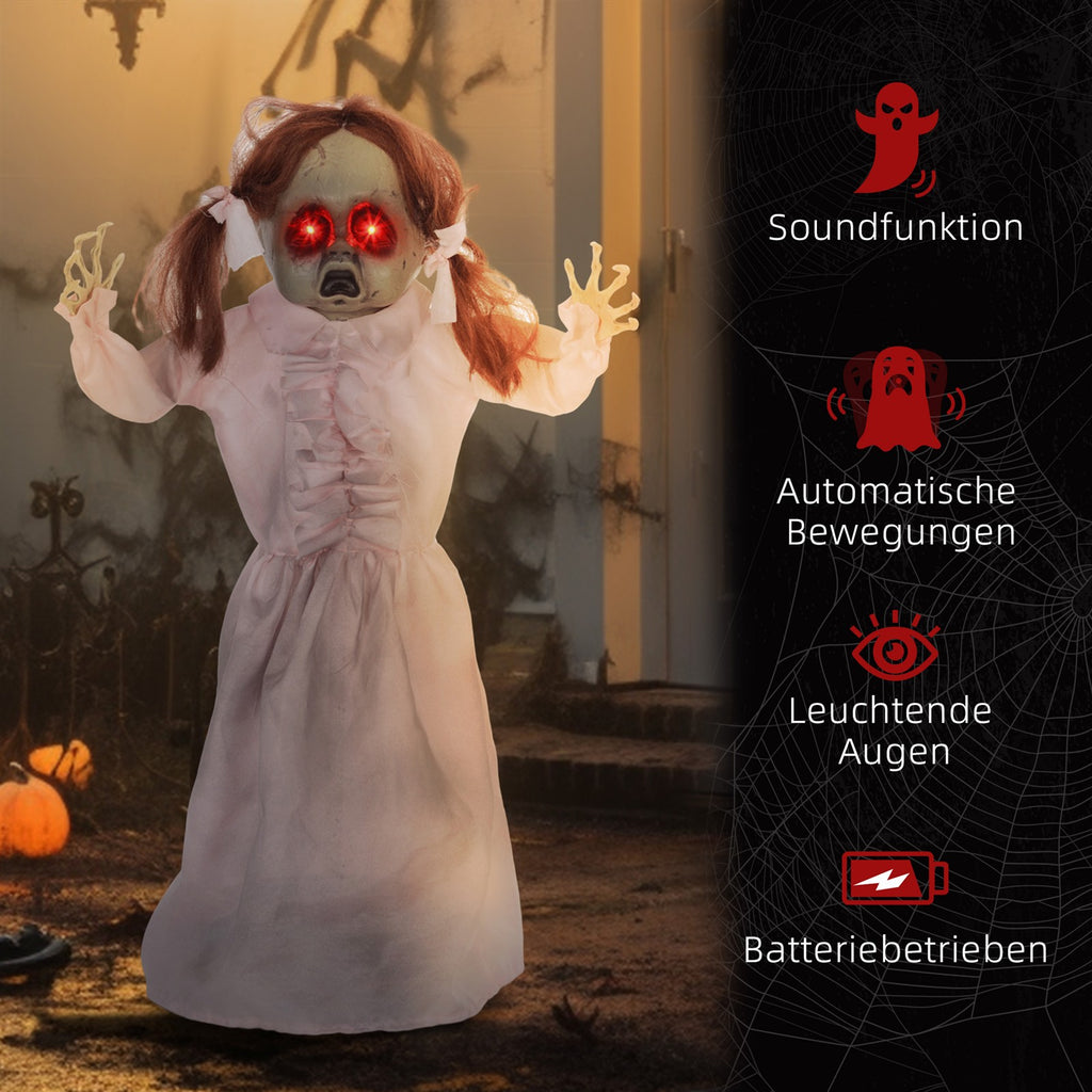 Horrorpuppe, Helloweendeko, aktiviert mit Geräusche/Berührung, rote Augen, Sound, 76 cm