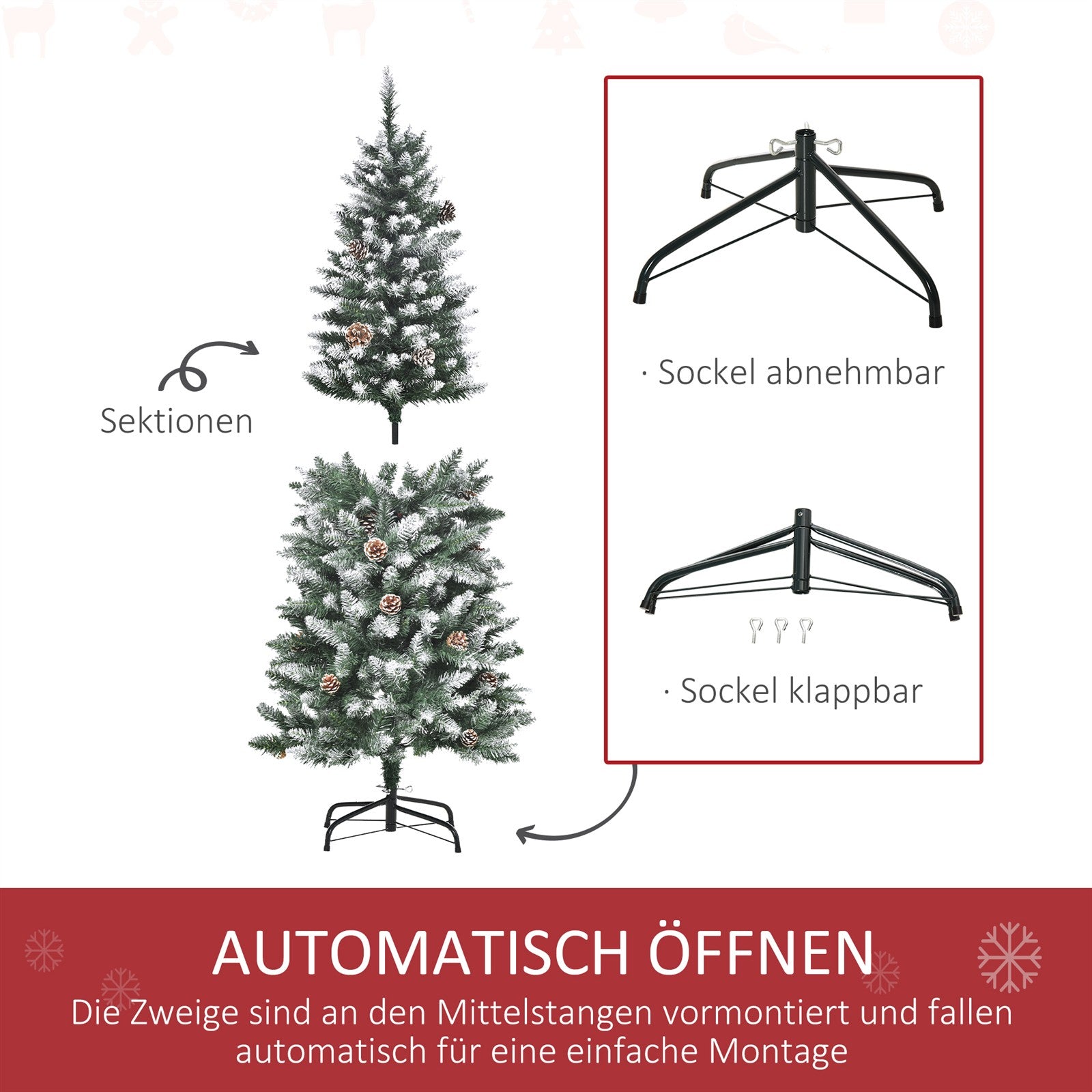 Künstlicher Weihnachtsbaum, 630 Zweige, 37 Zapfen, verschneite Spitzen, feuerfest, 150 cm