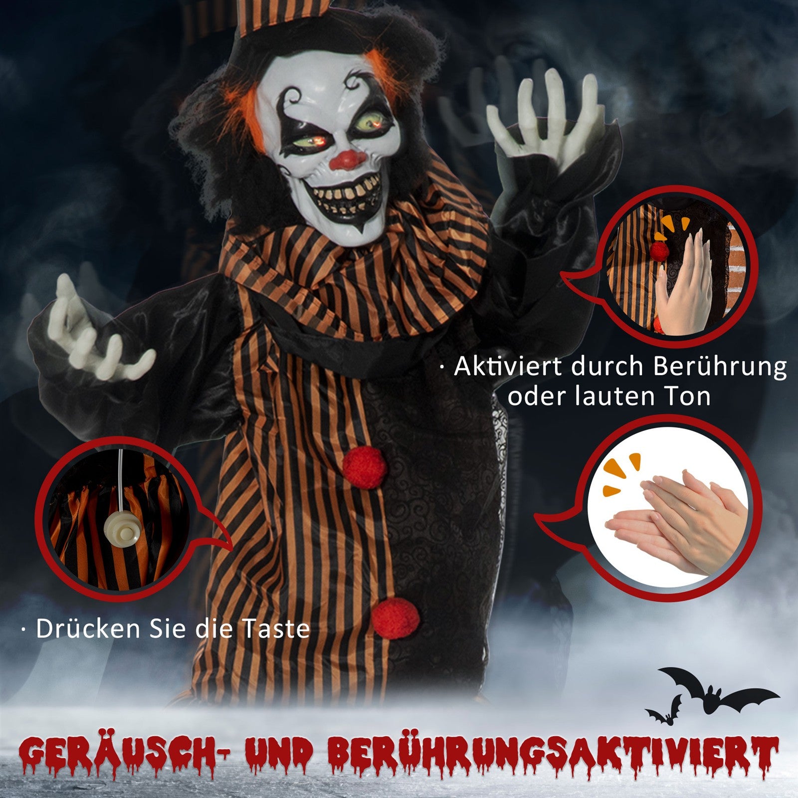 Halloween-Dekoration Horror-Clown mit Spezialeffekten und Soundfunktion 100 cm x 18 cm x 153 cm