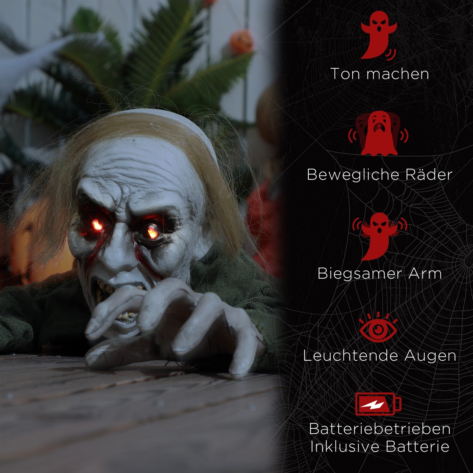 Halloweendekoration, kriechender Zombie, aktiviert durch Berührung/Geräusche, leuchtende Augen