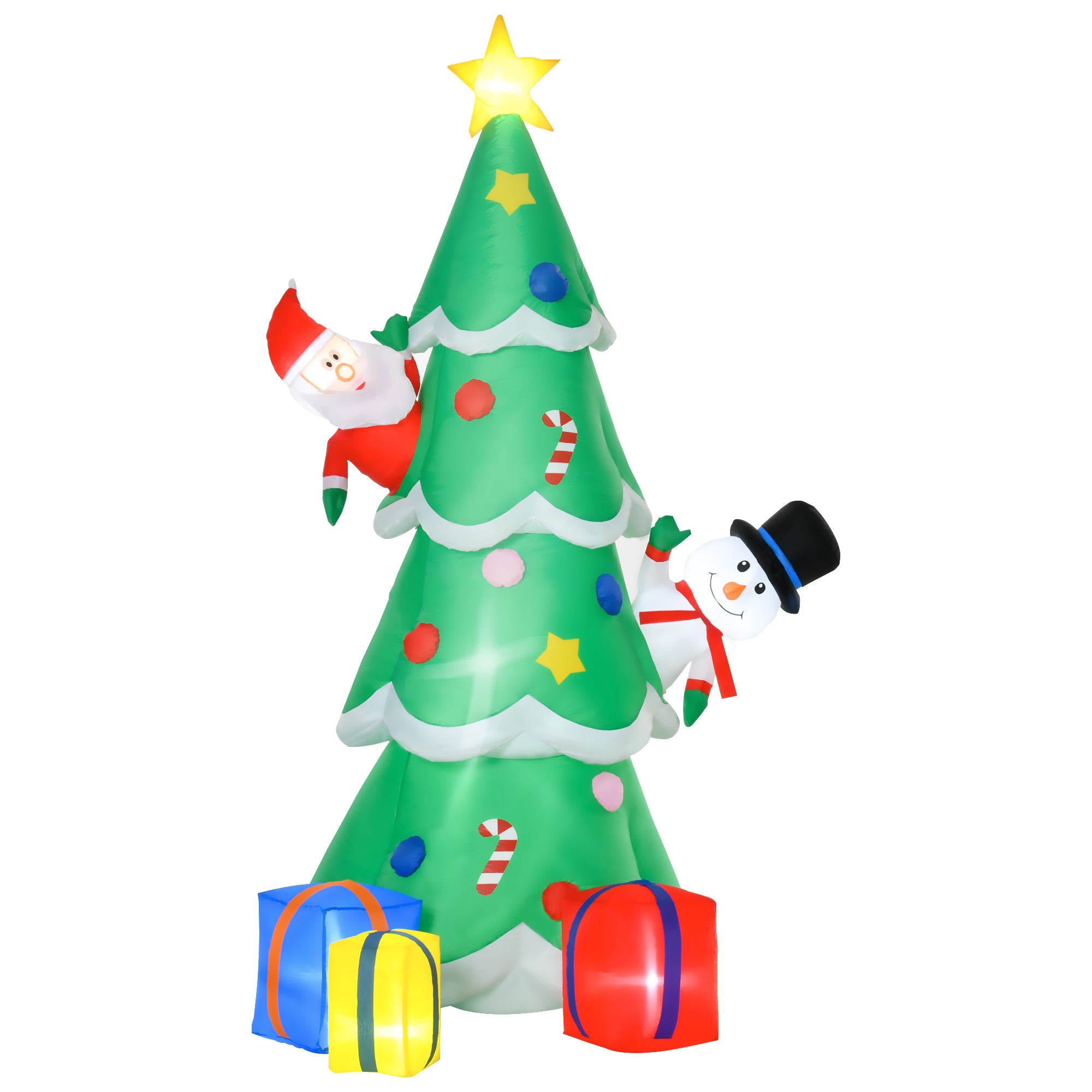 210 cm Aufblasbarer Weihnachtsbaum mit Weihnachtsmann Schneemann und Geschenkbox Weihnachtsdeko mit LED Selbstaufblasend für Außen Innen Garten Hof Party Dekoration