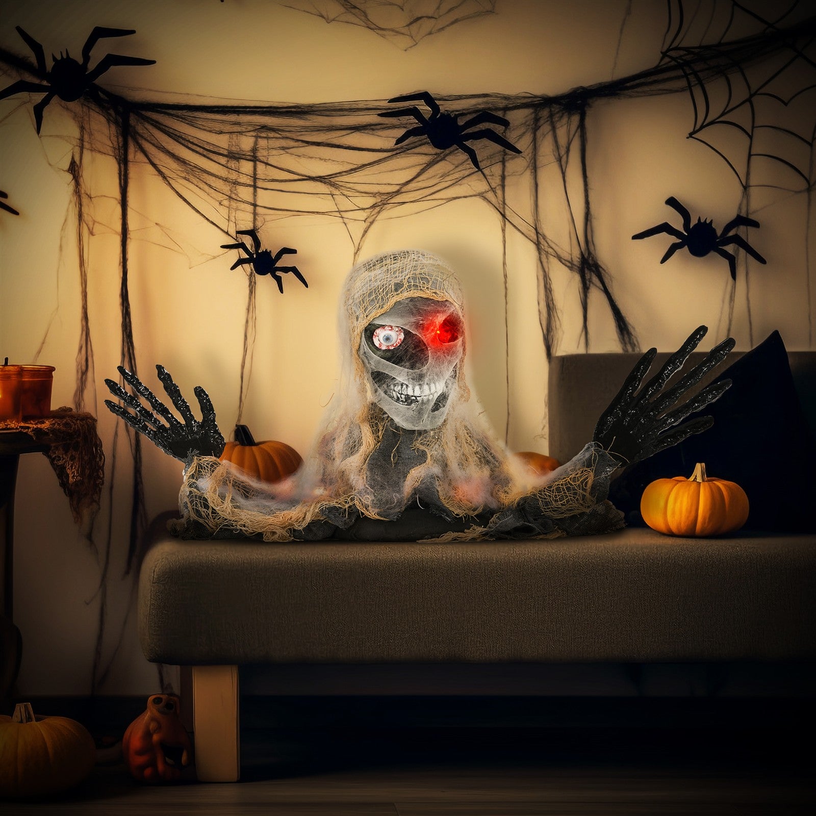 Halloweendekoration, einäugige Mumie, biegsame Arme, leuchtende Augen, gruseliges Heulen, 55x18x35 cm