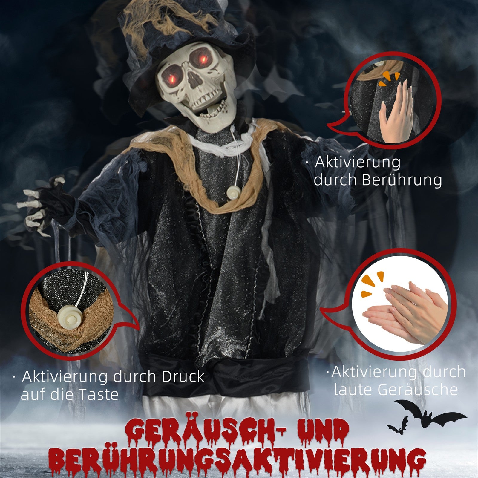 Halloween-Geist, Halloween-Dekoration, Soundfunktion, mit Bewegungssensor und LED-Lichtern, 101 cm x 64 cm x 178 cm