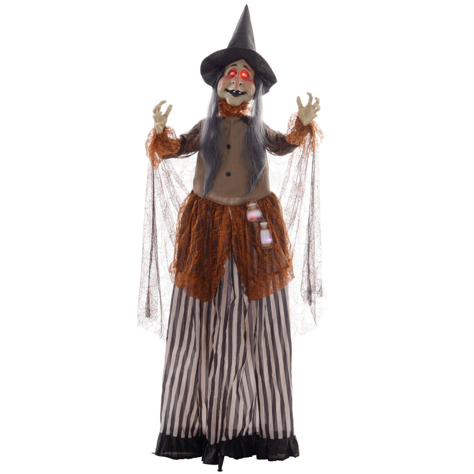 Hexe mit Zaubertrank, Helloweendeko, gruselige Laute, rote Augen, beweglich, 183 cm