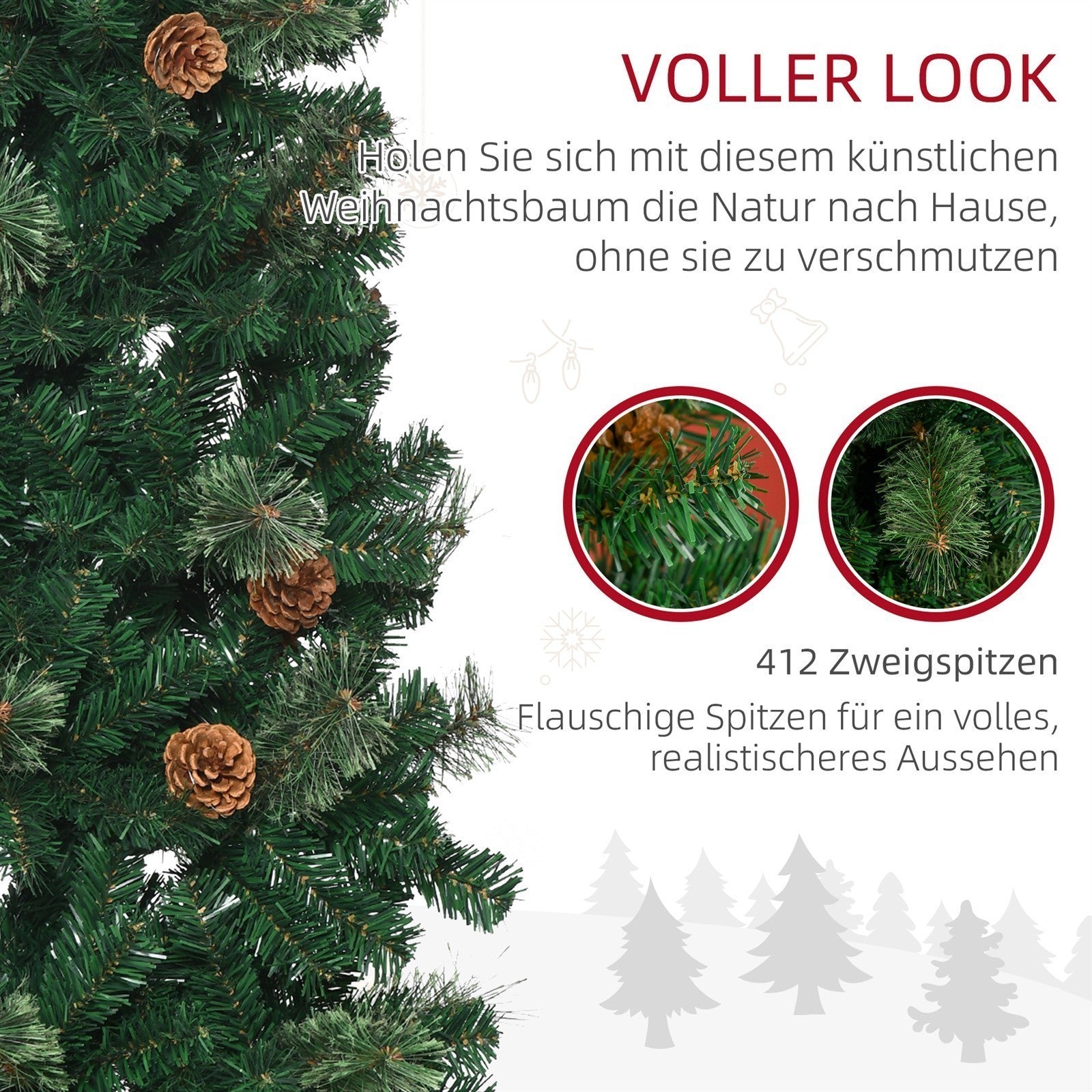Künstlicher Weihnachtsbaum, schlank, Tannenzapfen, flammenhemmend, 46 x 165 cm, Grün