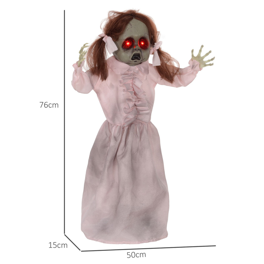 Horrorpuppe, Helloweendeko, aktiviert mit Geräusche/Berührung, rote Augen, Sound, 76 cm