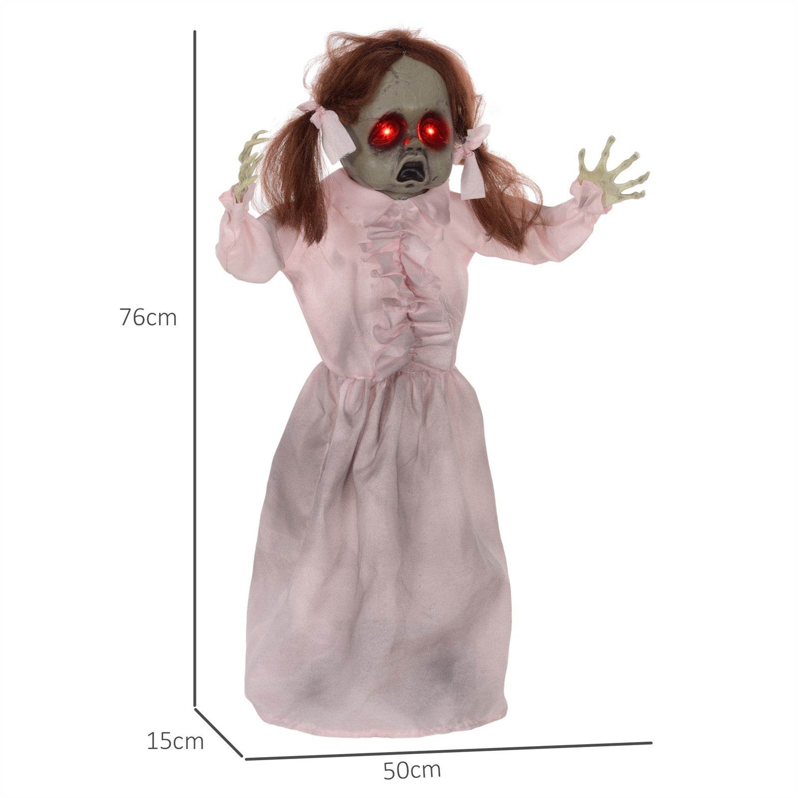 Horrorpuppe, Helloweendeko, aktiviert mit Geräusche/Berührung, rote Augen, Sound, 76 cm