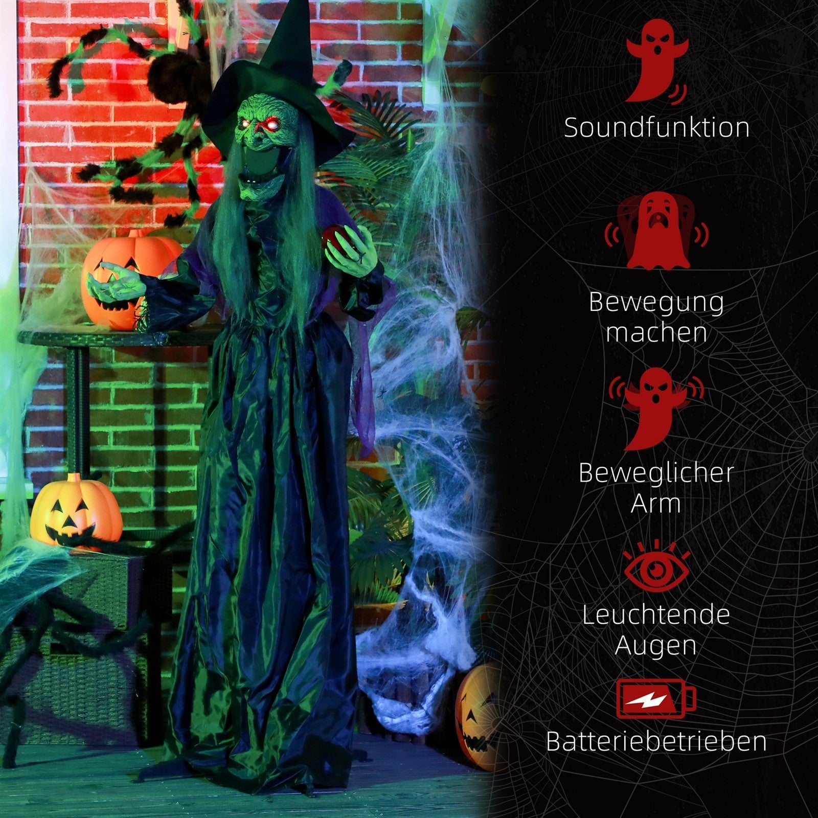 Hexe mit Giftapfel, Helloweendeko, gruselige Laute, rote Augen, bewegliche Arme, 180 cm