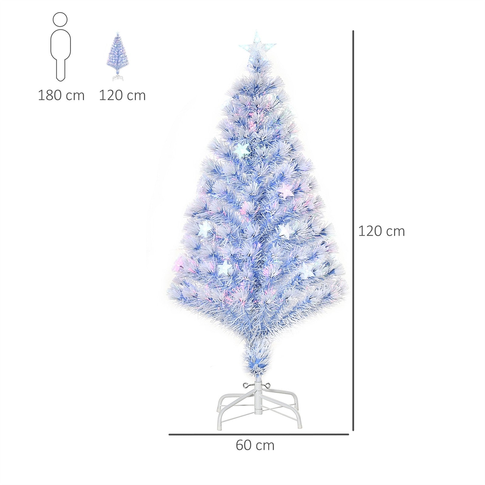 Künstlicher Weihnachtsbaum 120 cm Christbaum künstlich mit Glasfaser und LED-Beleuchtung, 130 Spitzen Tannenbaum inkl. Stahlständer für Drinnen Weiß+Blau