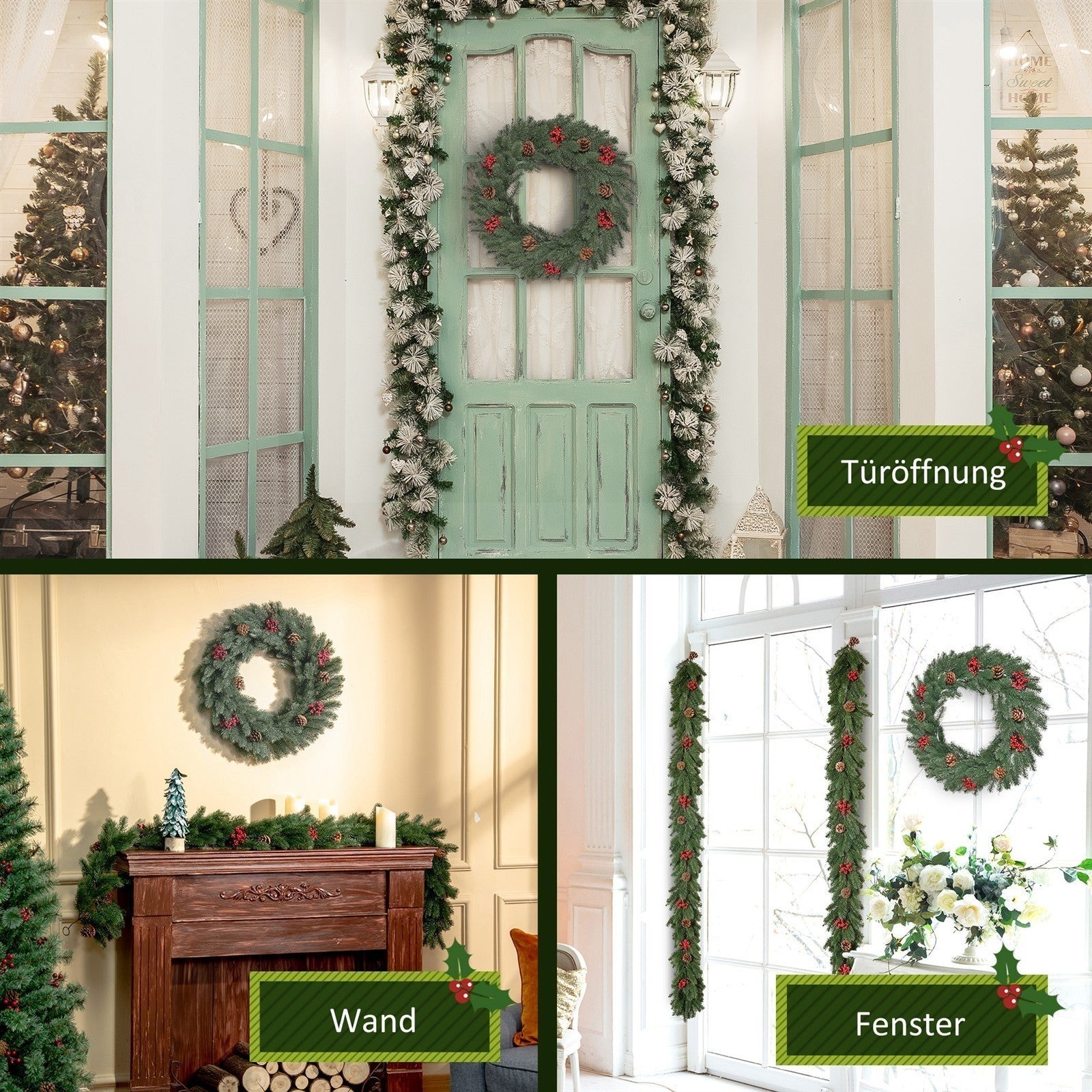 Weihnachtskranz 60 cm Türkranz mit 40 LEDs Zapfen roten Beeren Künstlicher Weihnachtskranz Weihnachten Adventskranz Haustür Kränze für Außen, Innen, Advent, Fenster