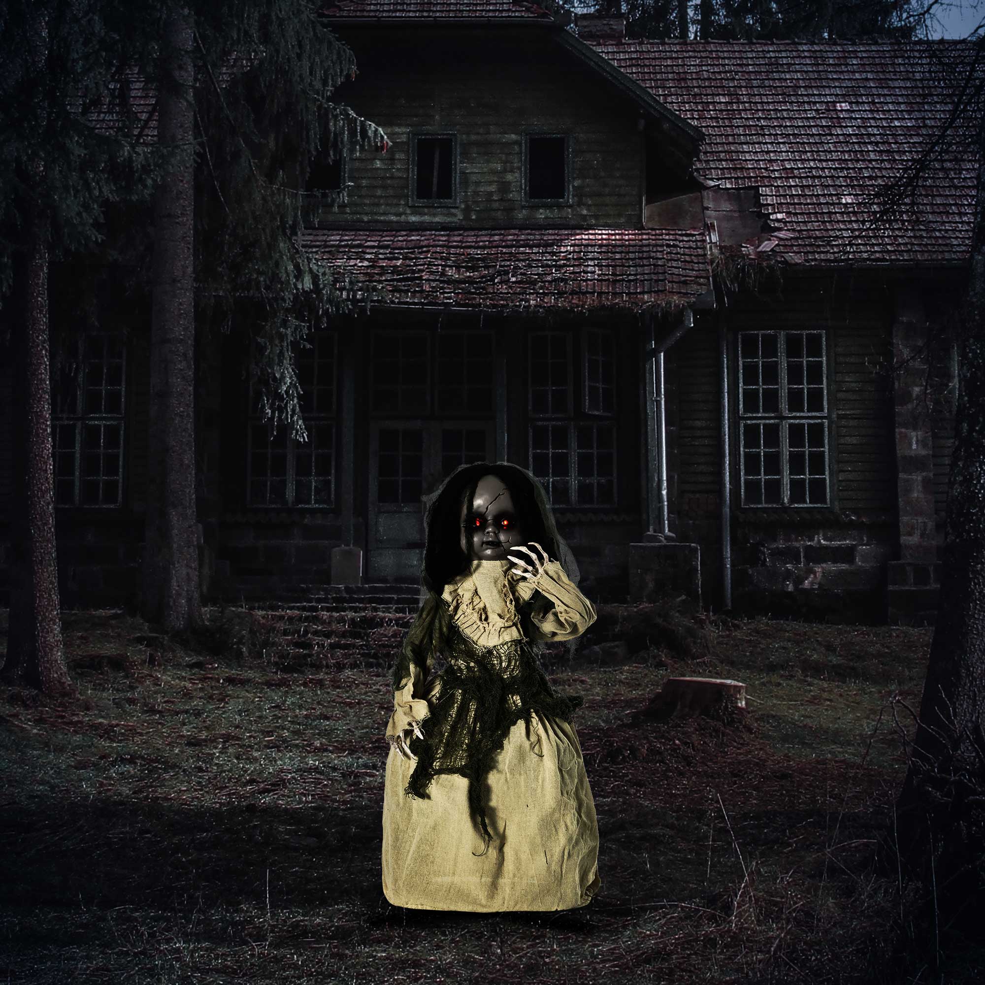 Halloween Dekoration Geisterpuppe mit Spezialeffekten und Soundfunktion 80 cm x 23 cm x 83 cm