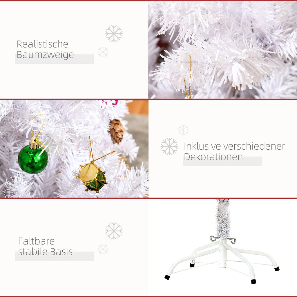 Künstlicher Weihnachtsbaum 150 cm künstlich Tannenbaum mit Kugeln, Glocken, Trommeln, Geschenkboxen, Christbaum mit 680 Spitzen, 12 Tannenzapfen Weihnachtsdeko inkl. Metallständer für drinnen