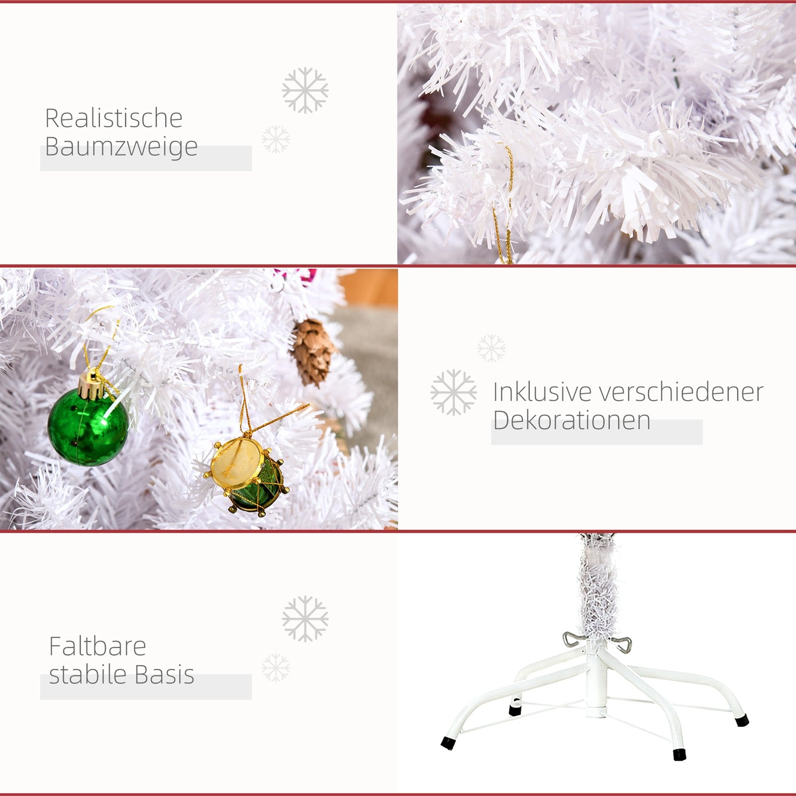 Künstlicher Weihnachtsbaum 150 cm künstlich Tannenbaum mit Kugeln, Glocken, Trommeln, Geschenkboxen, Christbaum mit 680 Spitzen, 12 Tannenzapfen Weihnachtsdeko inkl. Metallständer für drinnen