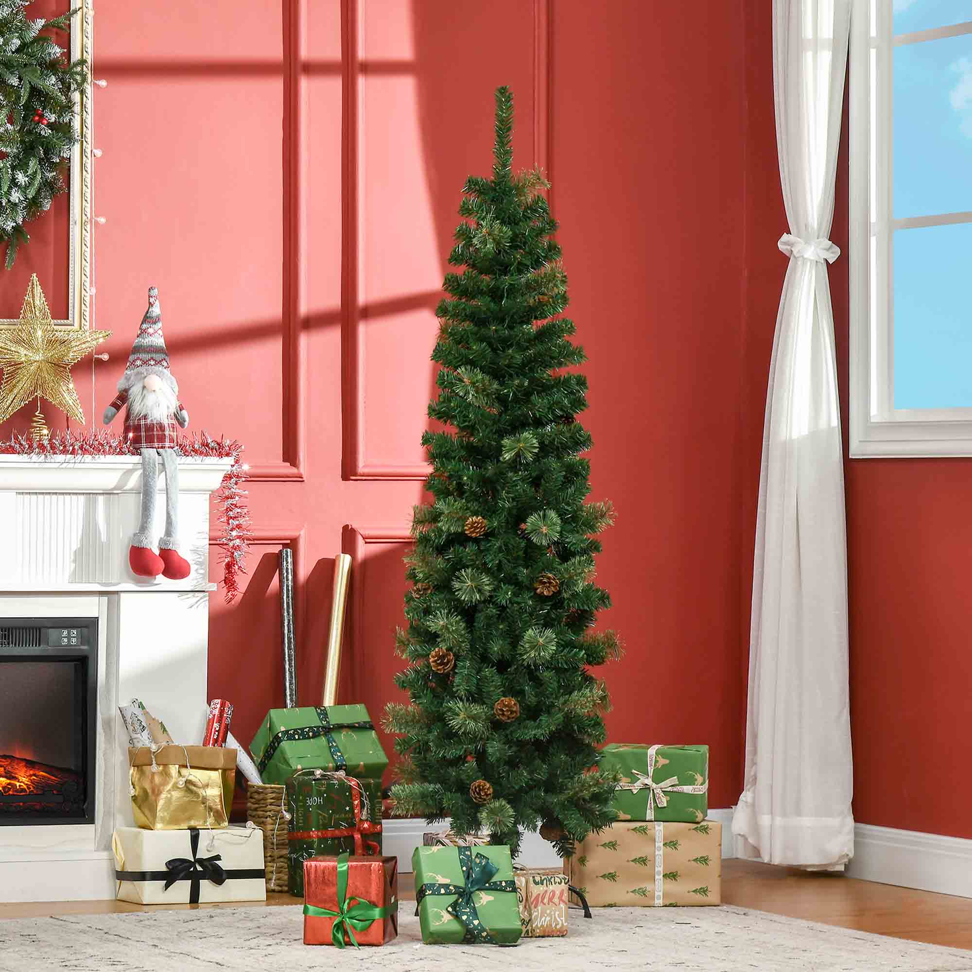 Künstlicher Weihnachtsbaum, schlank, Tannenzapfen, flammenhemmend, 46 x 165 cm, Grün