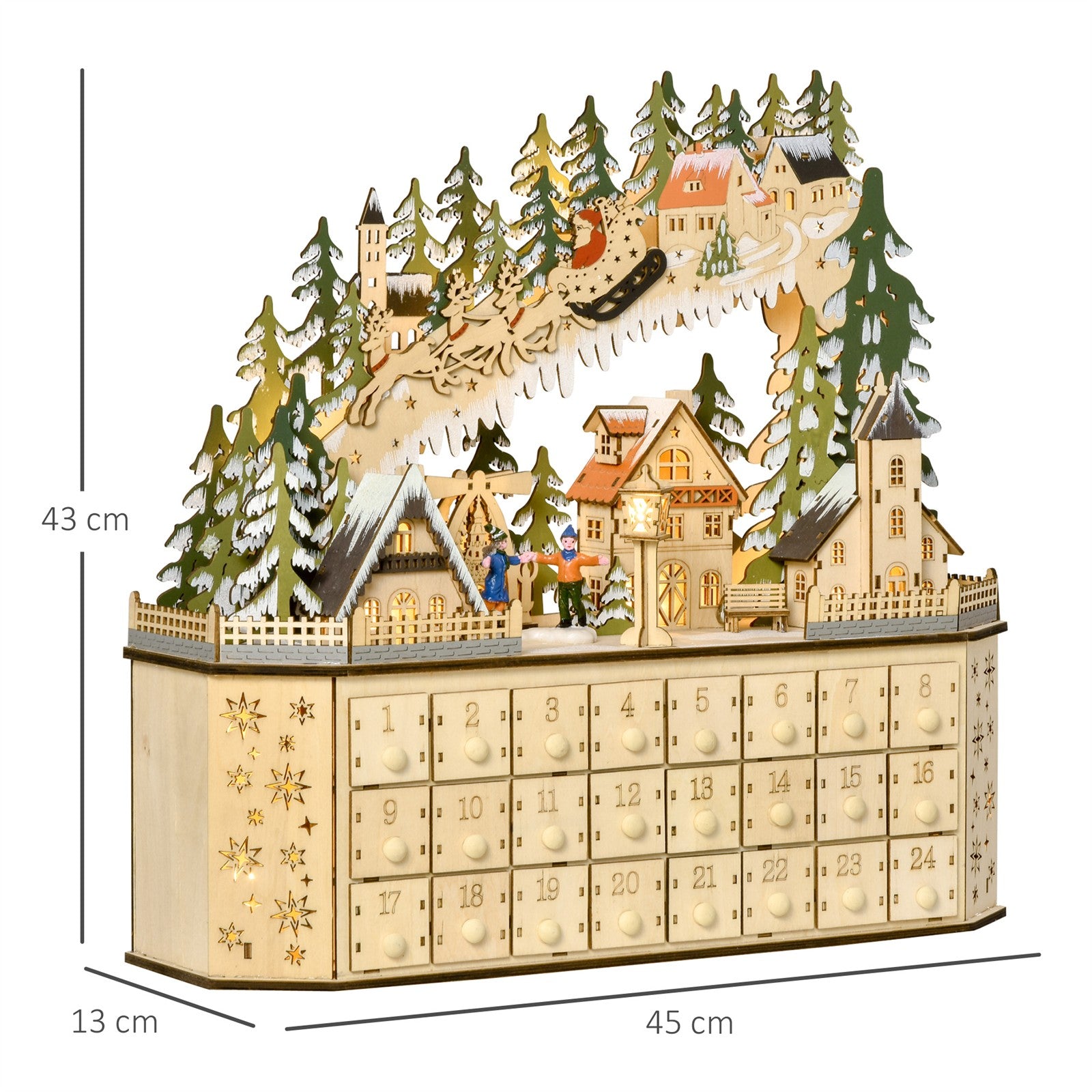 Adventskalender Weichnachtsdekoration Weihnachtsdeko, 24 Schubladen, LED-Lichter, 39 cm x 9 cm x 42 cm, Weiß + Grün