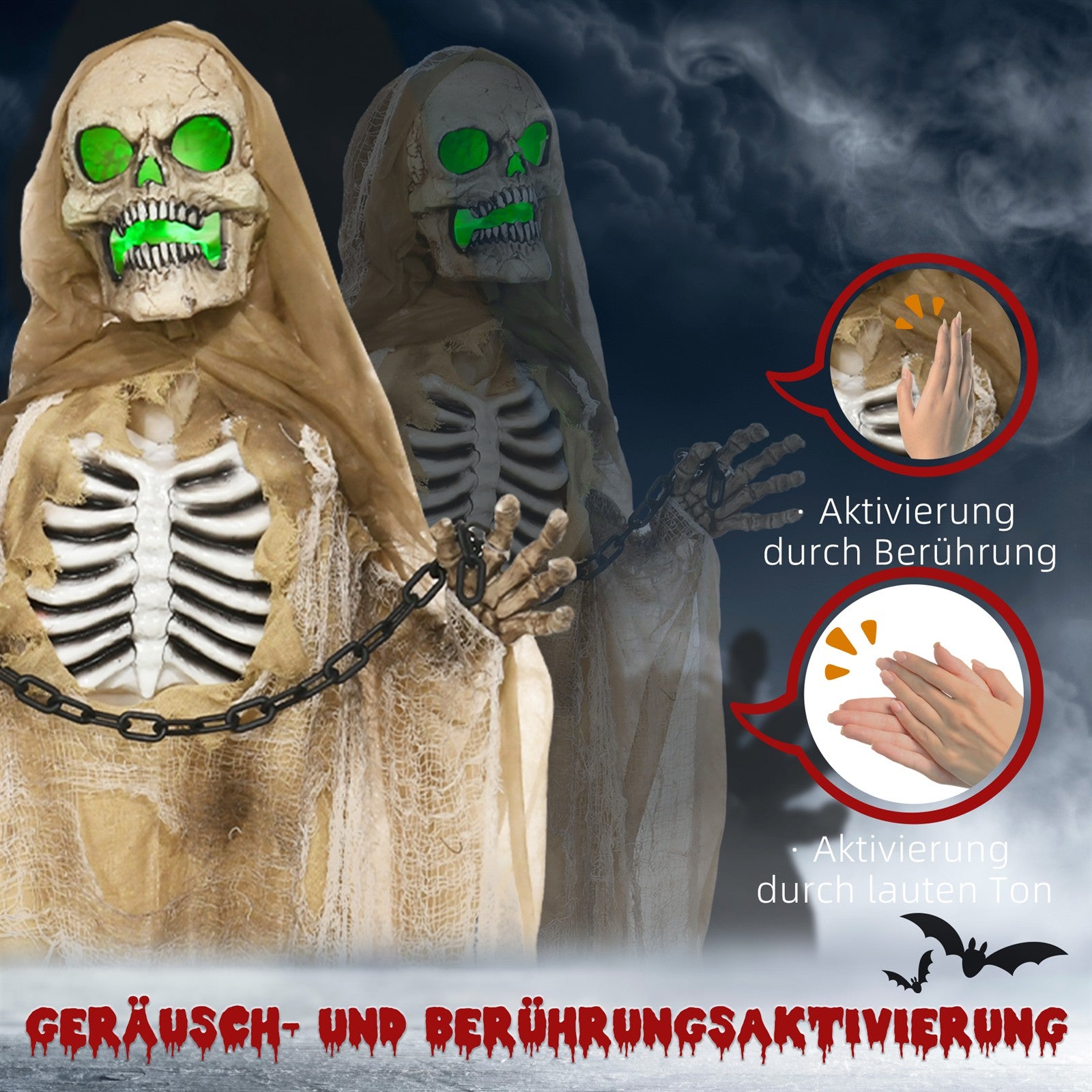 Halloweendekoration, Hängendes Skelett, leuchtender Kopf, unheimliches Heulen, biegsame Arme, Khaki