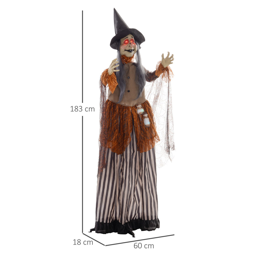 Hexe mit Zaubertrank, Helloweendeko, gruselige Laute, rote Augen, beweglich, 183 cm
