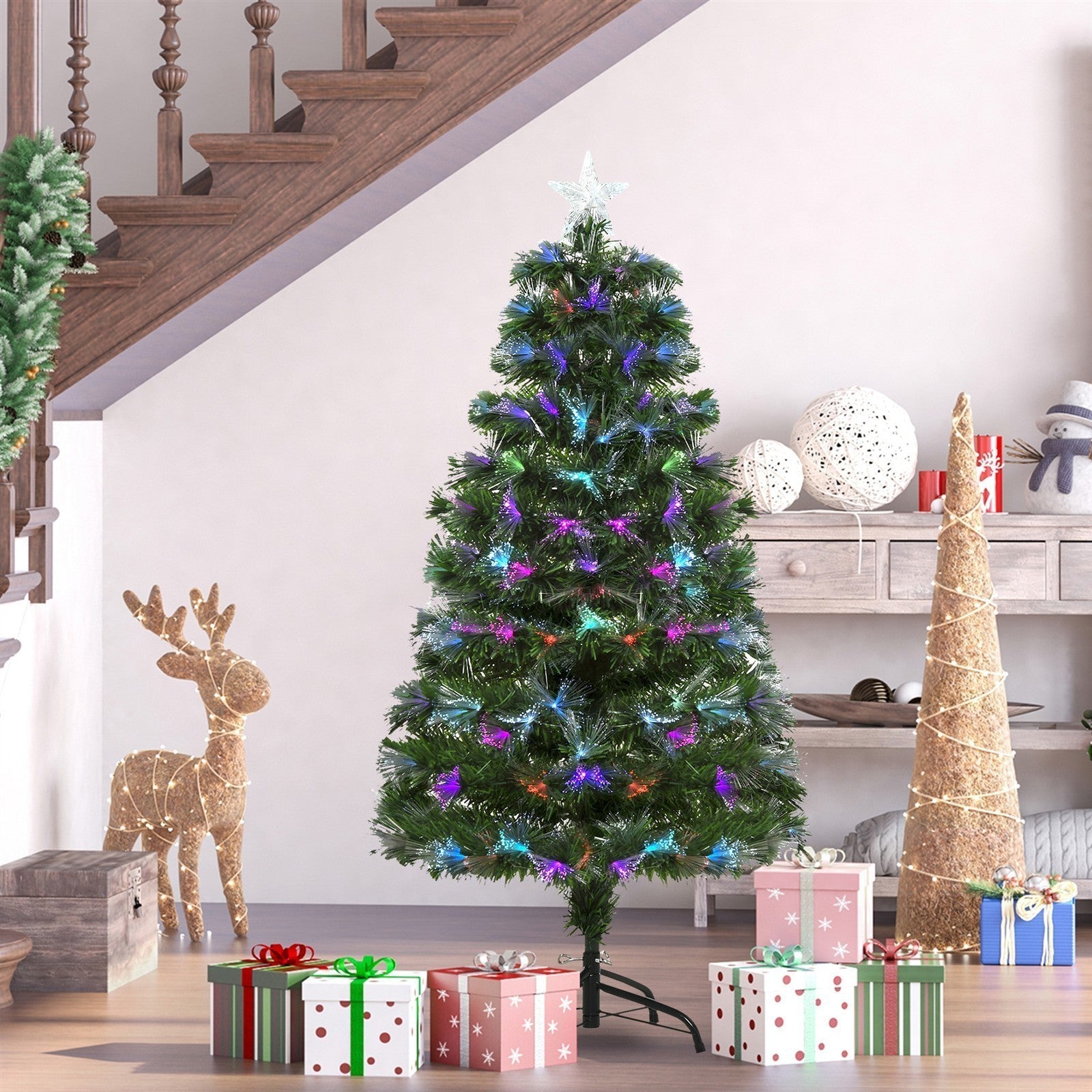 Weichnachtsbaum künslicher Weihnachtsbaum Christbaum, LED-Lichter, Sternspitze, 66 cm x 66 cm x 120 cm, Grün