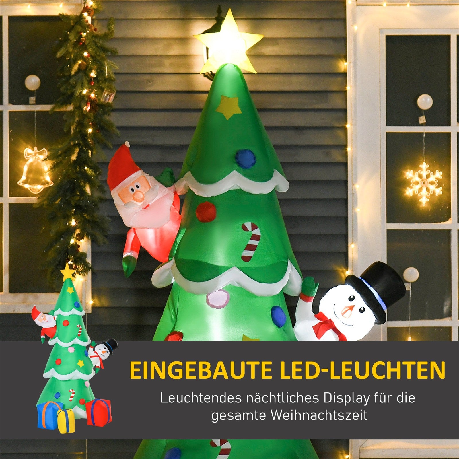 210 cm Aufblasbarer Weihnachtsbaum mit Weihnachtsmann Schneemann und Geschenkbox Weihnachtsdeko mit LED Selbstaufblasend für Außen Innen Garten Hof Party Dekoration