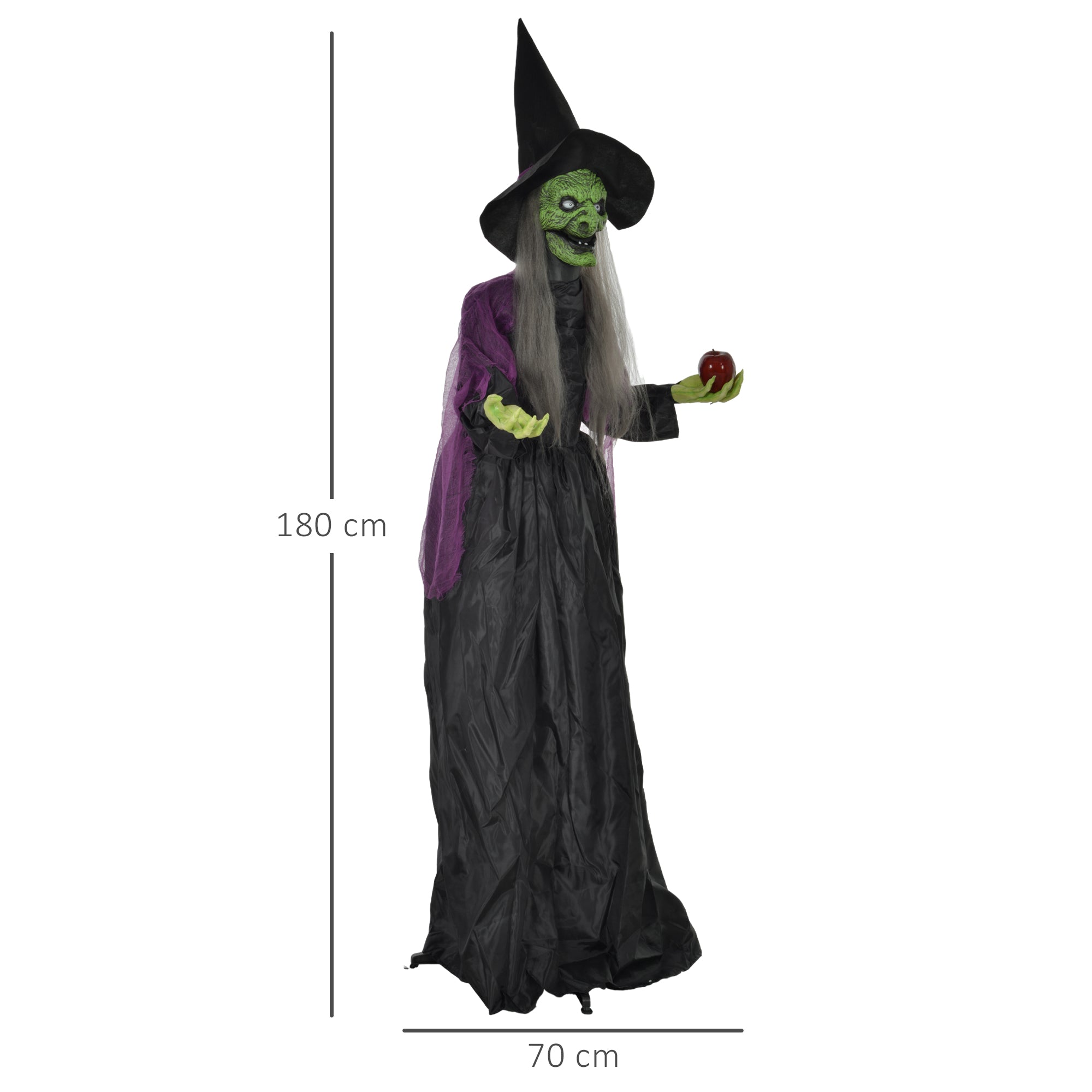 Hexe mit Giftapfel, Helloweendeko, gruselige Laute, rote Augen, bewegliche Arme, 180 cm