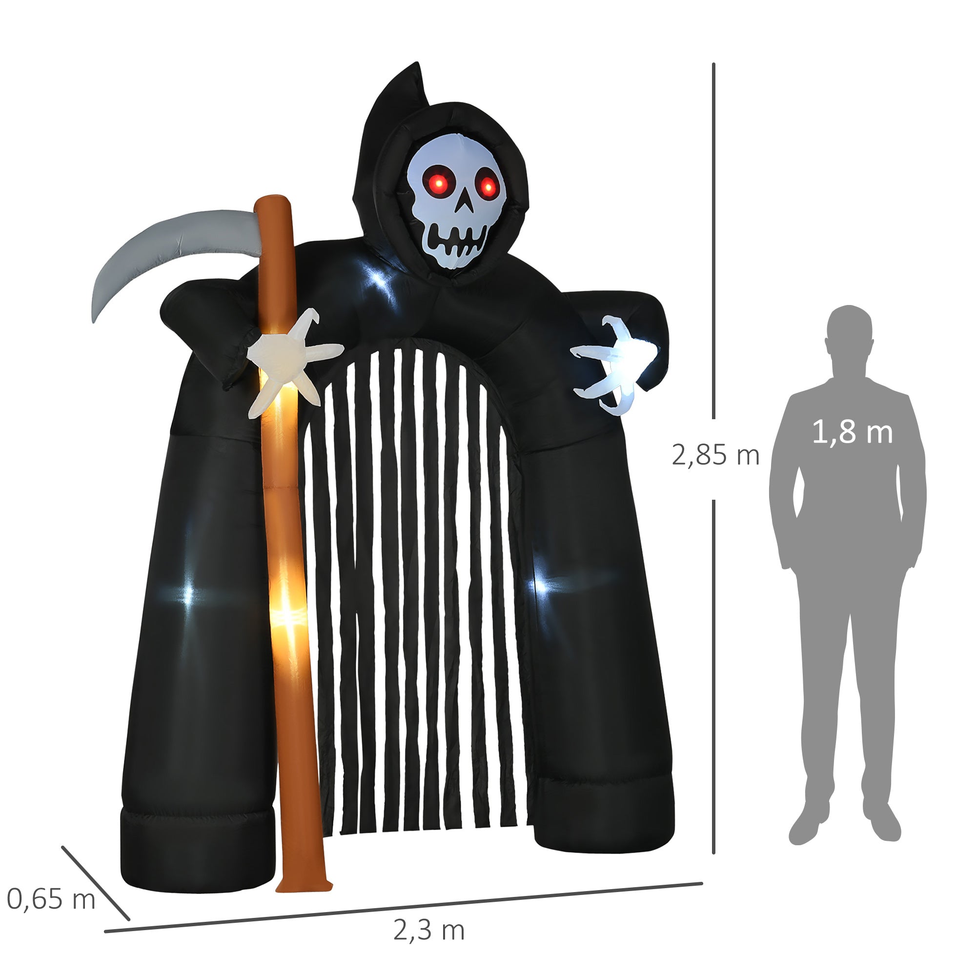 Große Halloween-Gartendekoration Sensenmann-Torbogen selbstaufblasbar LED-Beleuchtung 2,85 m