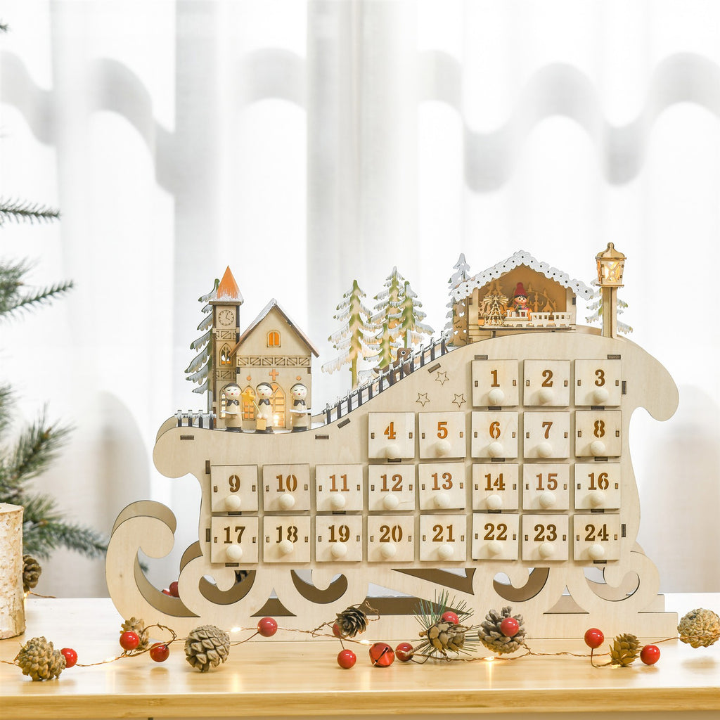 Adventskalender zum Befüllen mit 24 Schubladen LED-Lichtern Schlitten-Form, DIY Weihnachtskalender Weihnachts-Countdown-Kalender Geschenk für Kinder Erwachsene