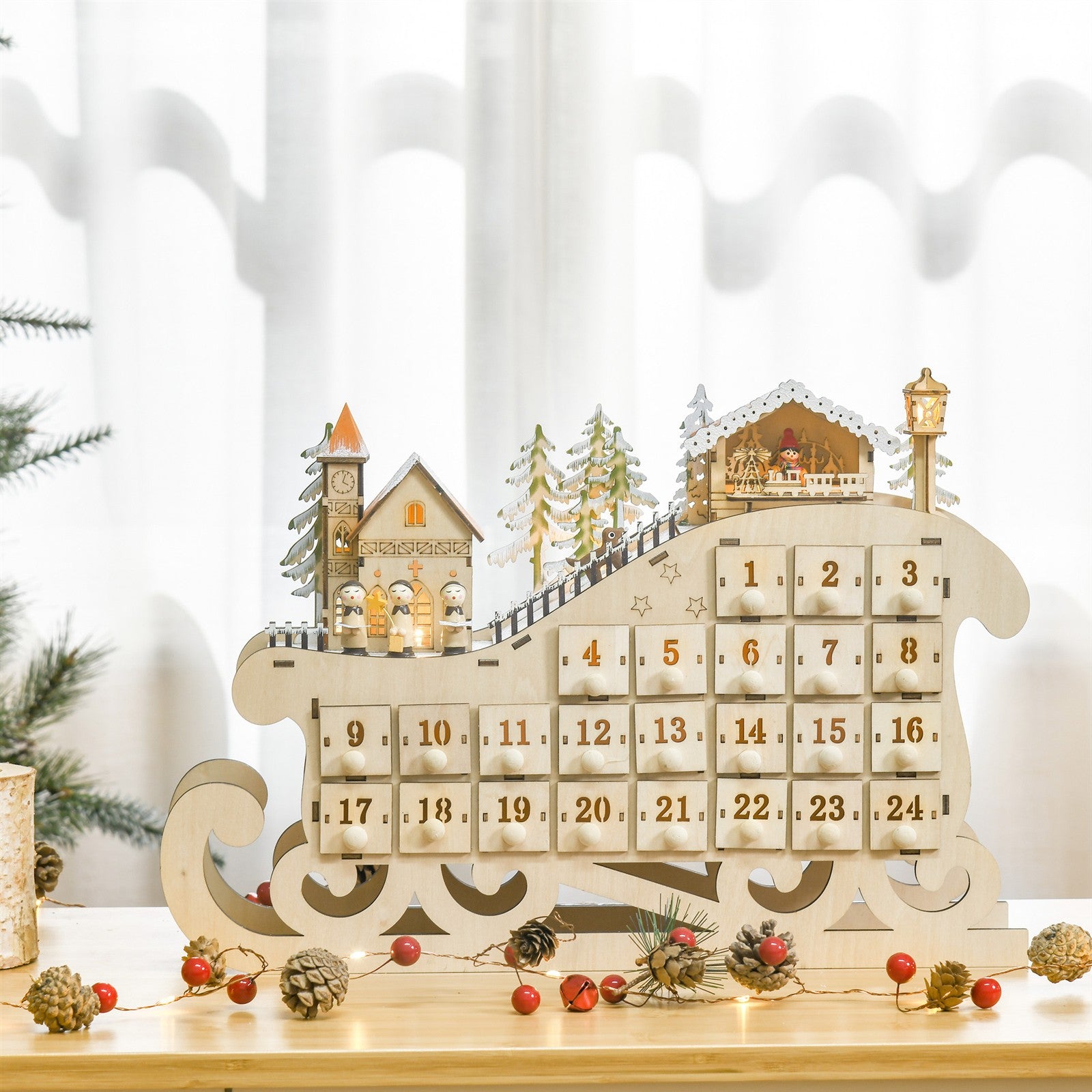 Adventskalender zum Befüllen mit 24 Schubladen LED-Lichtern Schlitten-Form, DIY Weihnachtskalender Weihnachts-Countdown-Kalender Geschenk für Kinder Erwachsene