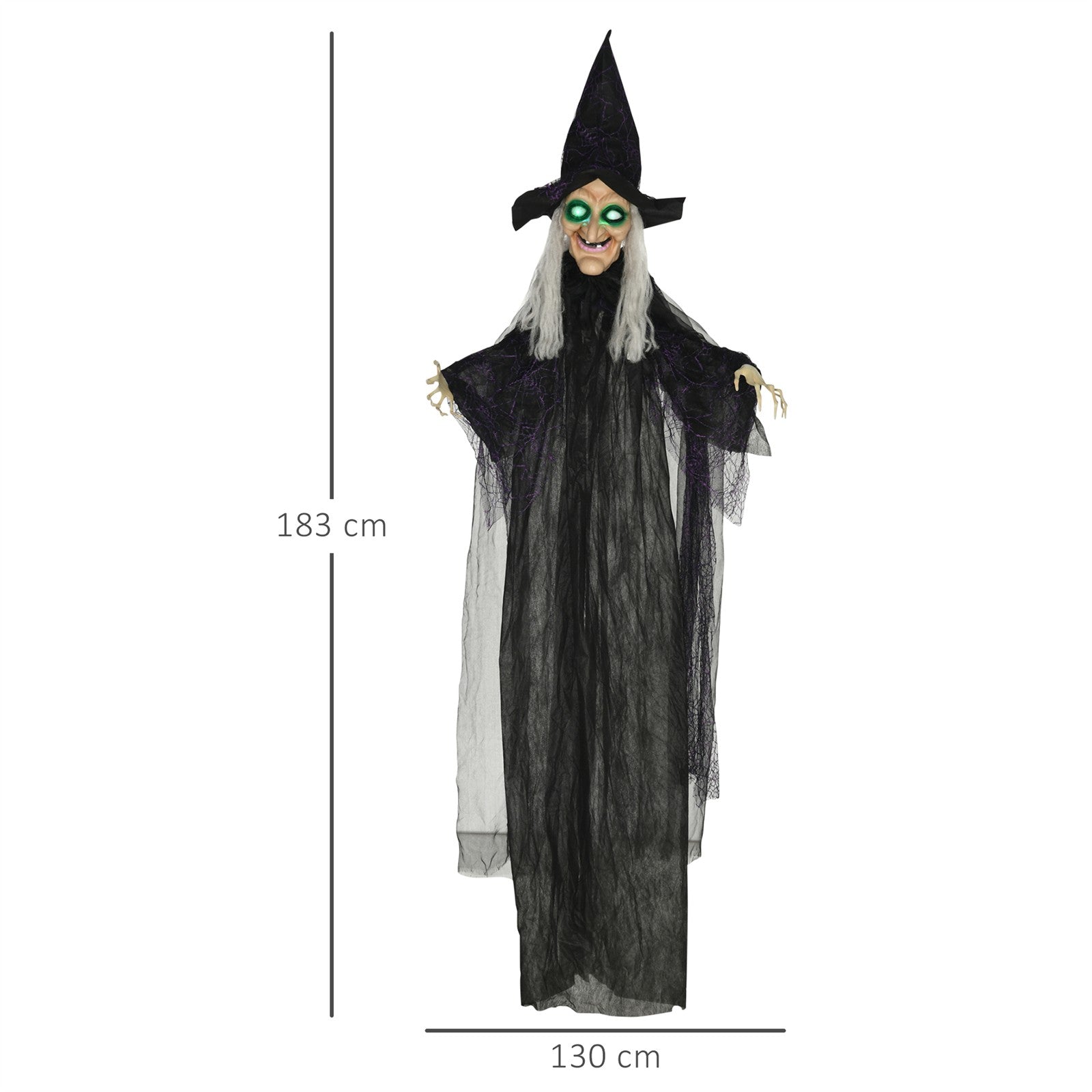 Halloween-Hexe, Halloween-Dekoration, Soundfunktion, mit Bewegungssensor, LED-Lichter, 130 cm x 18 cm x 183 cm