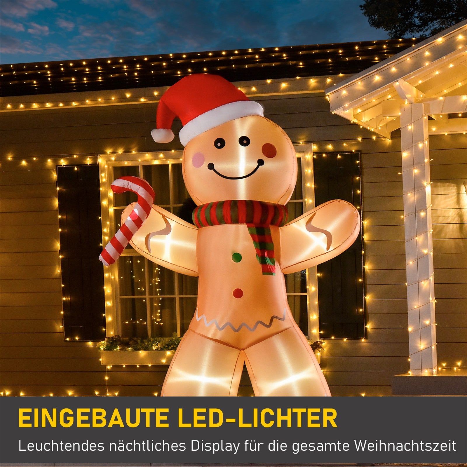 Selbstaufblasender Lebkuchenmann, inkl. Gebläse, Weihnachtsdekoration 2,4 m mit LED-Lichtern