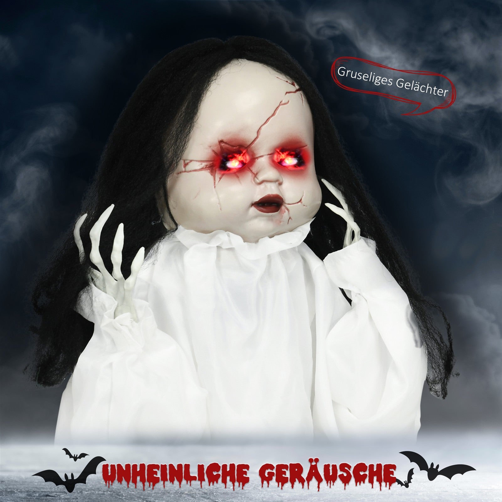 Halloween-Dekoration Horrorpuppe, LED-Augen, heult, springt hoch, Geräusch- & Bewegungssensor, 60 cm