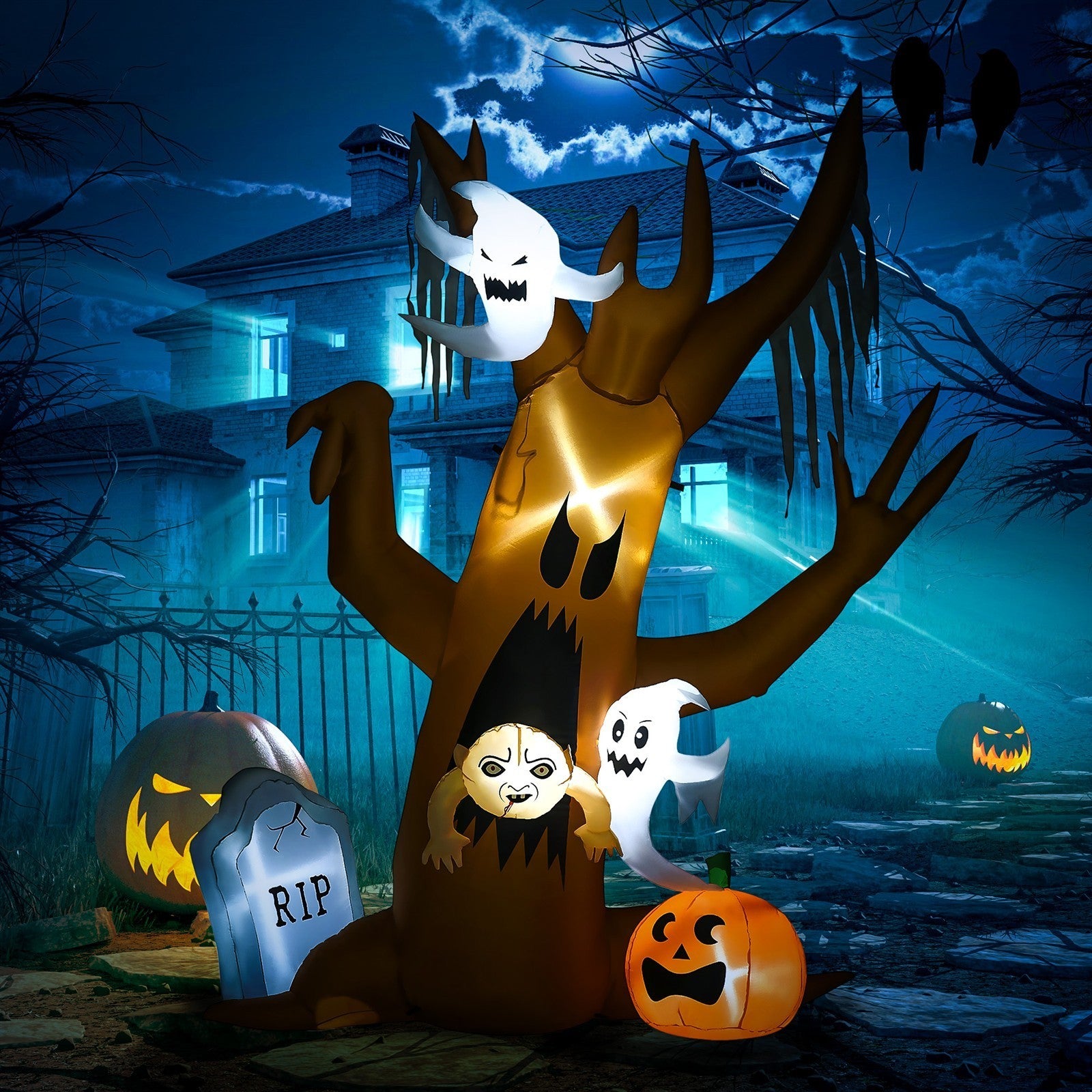 Halloween-Deko, 2,40m großer Geisterbaum, selbstaufblasend, LED-Beleuchtung, für Außenbereiche