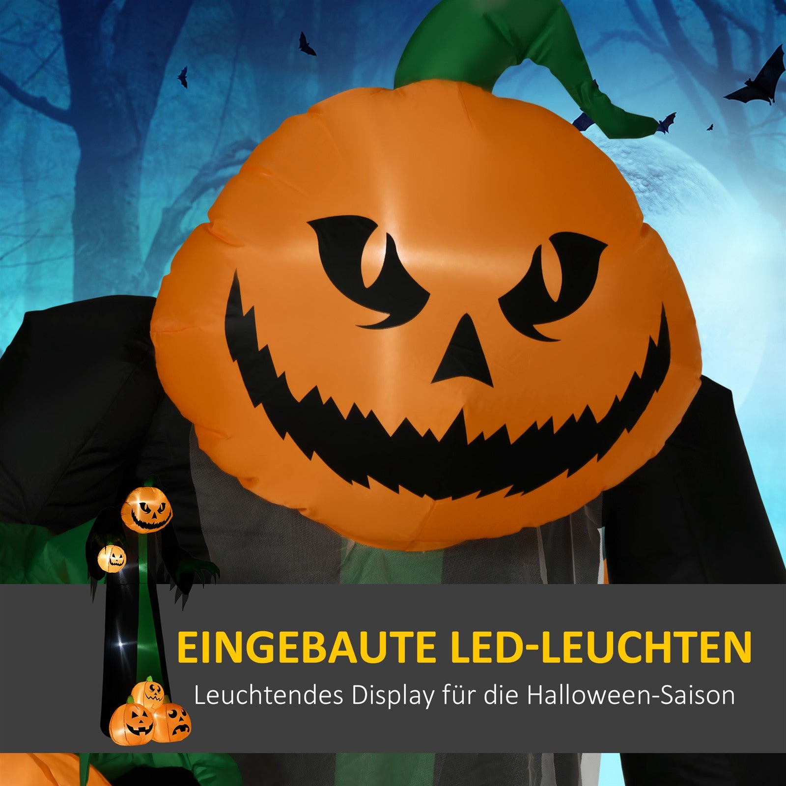 Halloween-Deko, 2,40m großer Kürbisgeist, selbstaufblasend, LED-Beleuchtung, für Außenbereiche