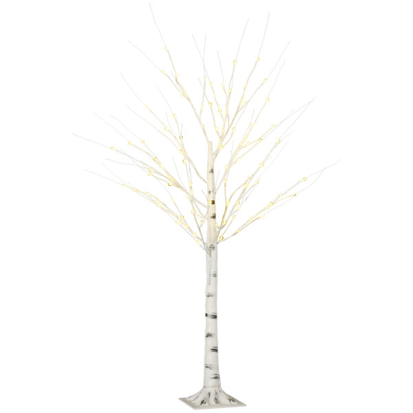 Künstliche Birke mit LEDs, biegsame Äste, Kunststoff und Metall, 150 cm, Weiß